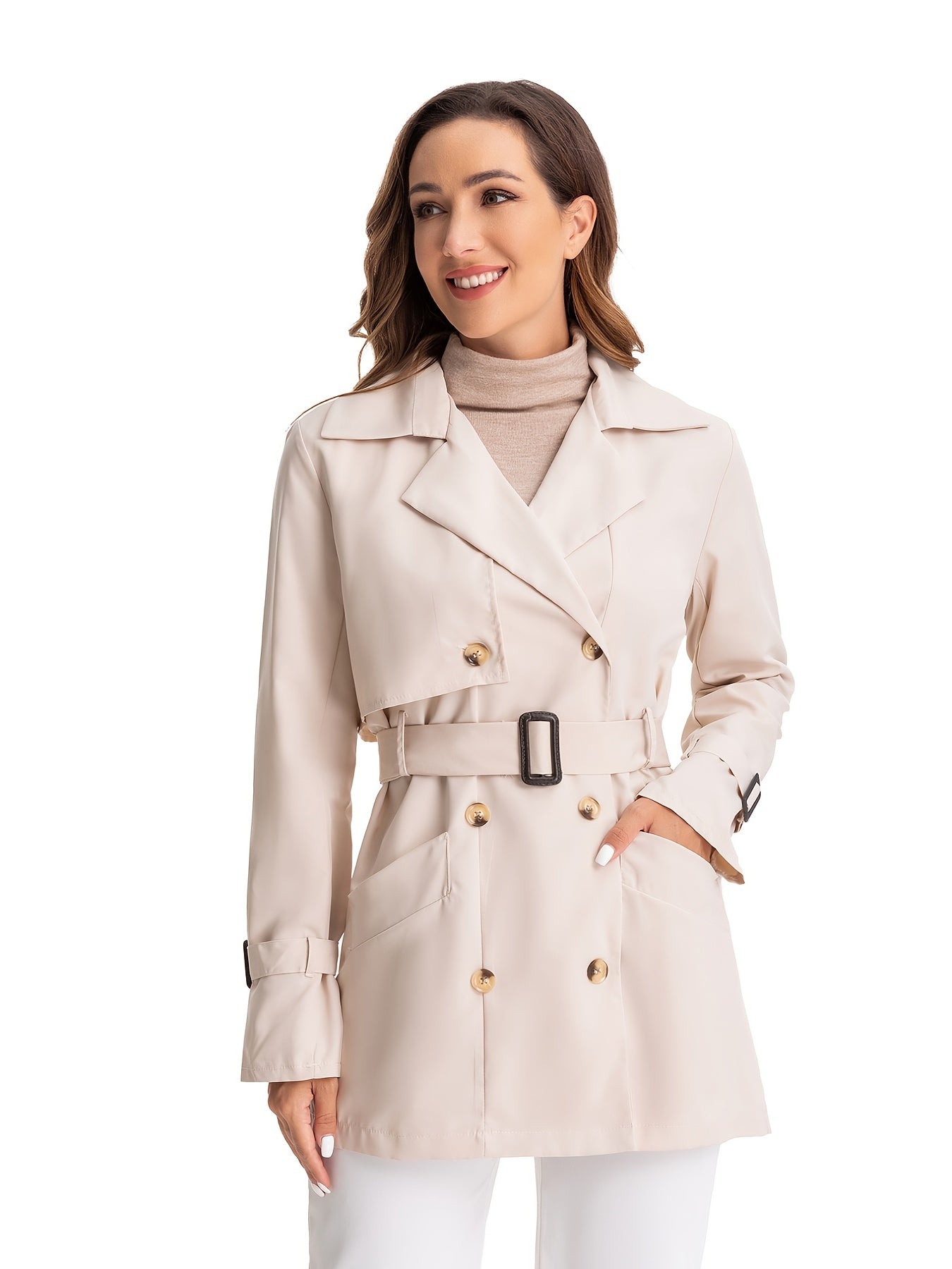 vlovelaw Double Breasted Long Trench Coat, Long Sleeve Windproof Classic Lapel Slim Belted Outerwear, Women's Clothing