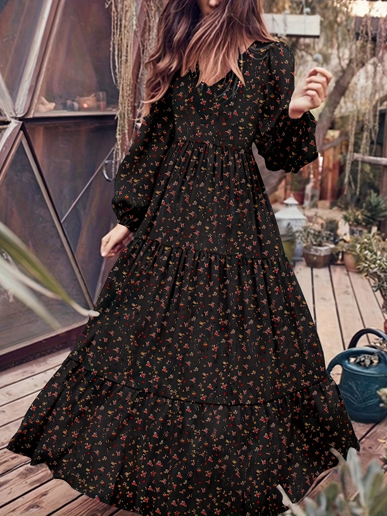 vlovelaw Tiered Floral Print Dress, Boho Lantern Sleeve V Neck Maxi Dress, Women's Clothing