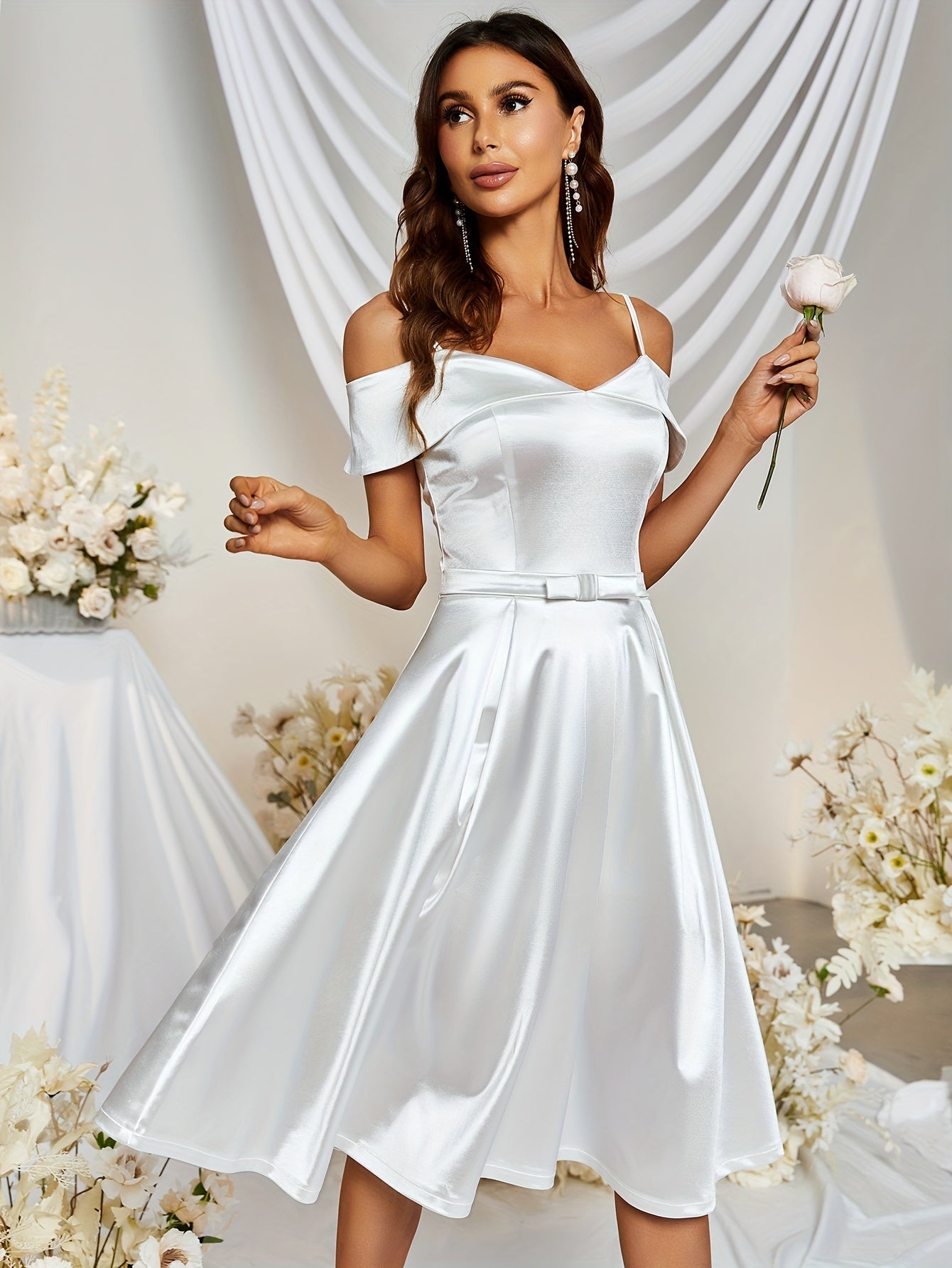 vlovelaw Cold Shoulder V Neck Dress, Elegant Strap Flare Dress For Party & Banquet, Women's Clothing