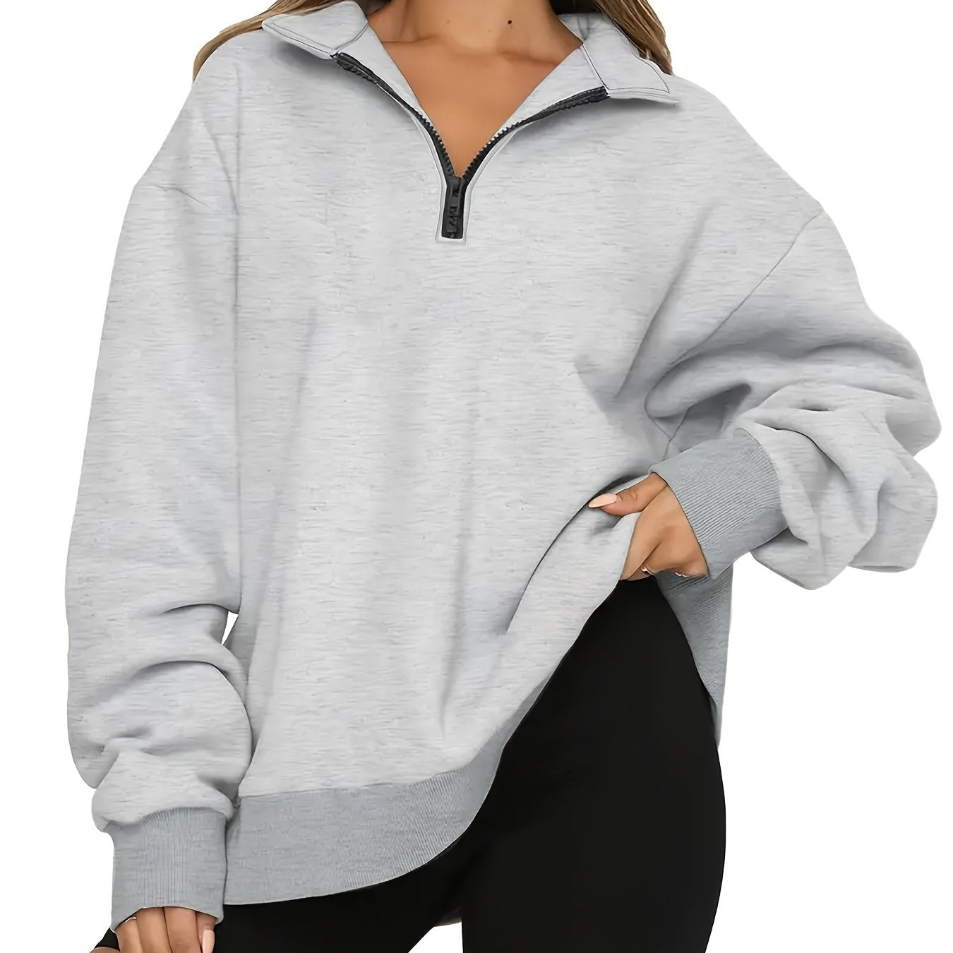 vlovelaw Zipper Oversized Sweatshirts, Casual Drop Shoulder Long Sleeve Solid Pullover, Women's Clothing