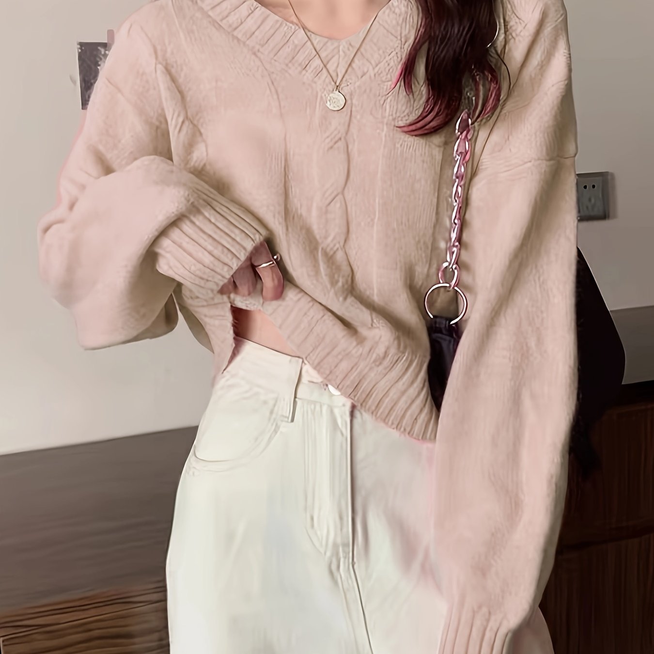 vlovelaw Solid V Neck Cable Knit Sweater, Casual Long Sleeve Pullover Sweater, Women's Clothing