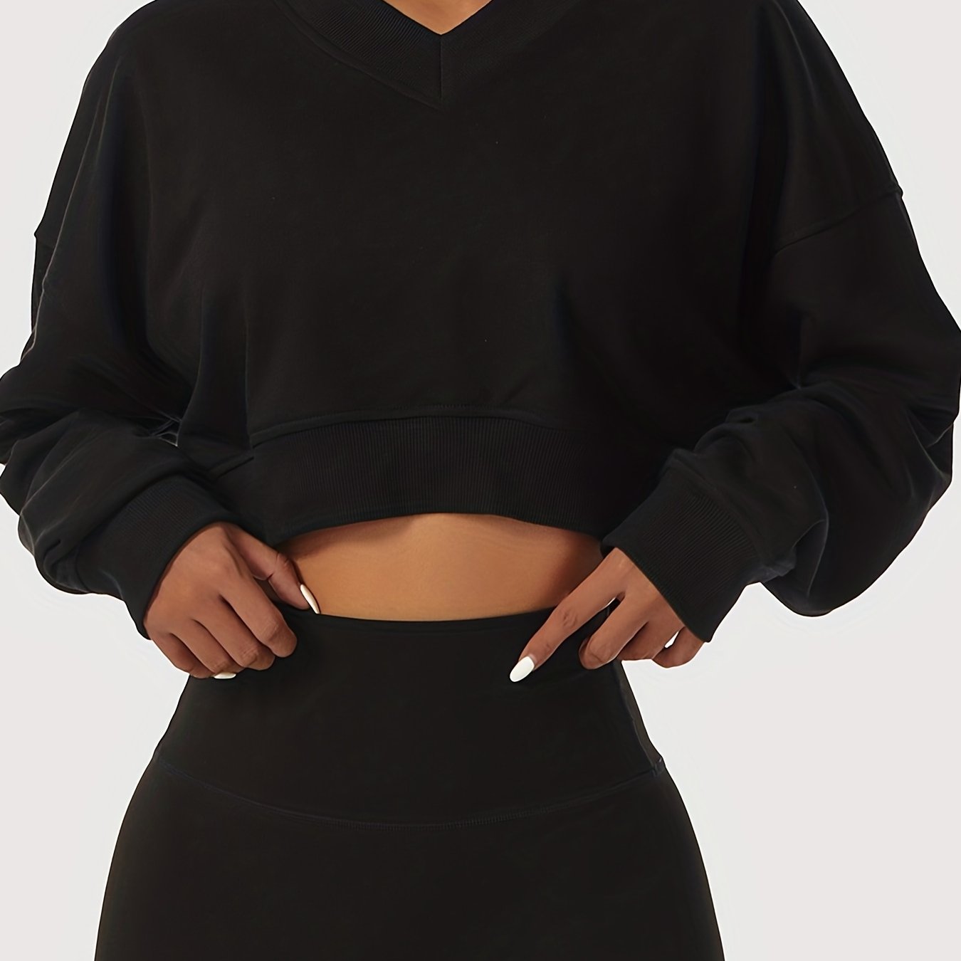 Women's Solid Cropped Long Sleeve Sweatshirts, Casual V Neck Pullover Sports T-Shirts Tops, Women's Clothing