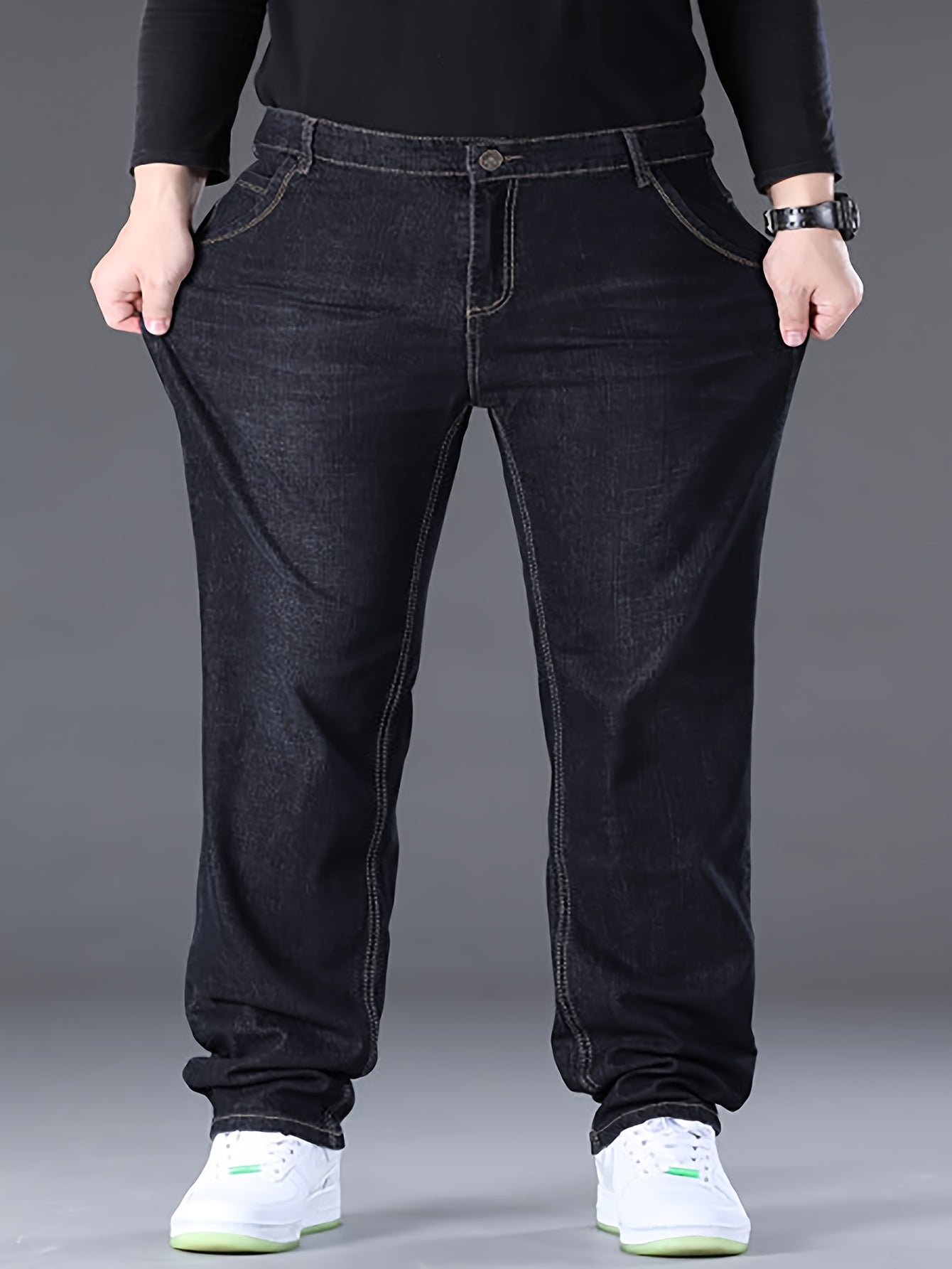 vlovelaw Plus Size Men's Solid Denim Pants Casual Oversized Loose Fit Jeans For Spring Fall Winter, Men's Clothing