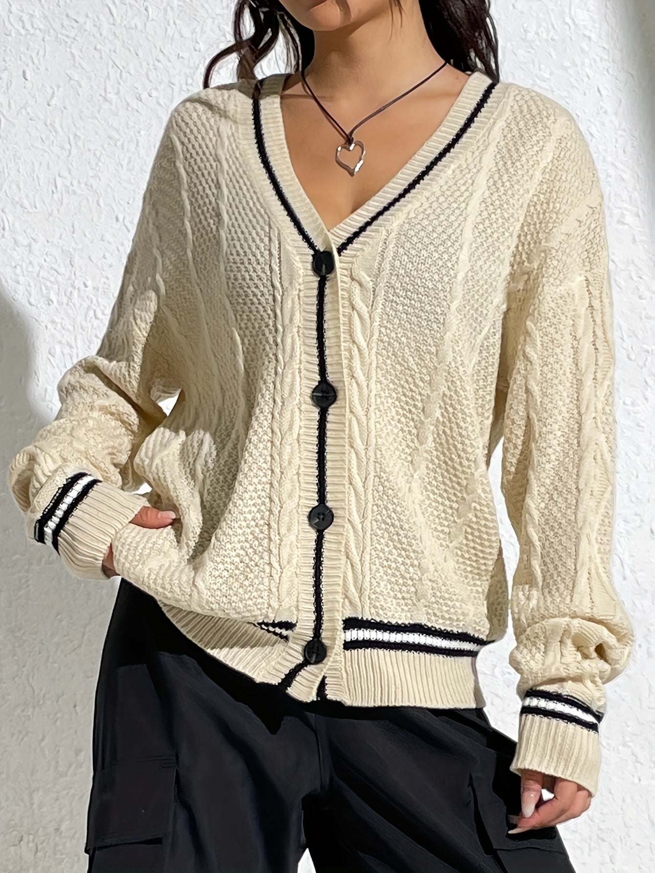 vlovelaw Striped Button Down Cable Knit Cardigan, Elegant V Neck Long Sleeve Sweater, Women's Clothing