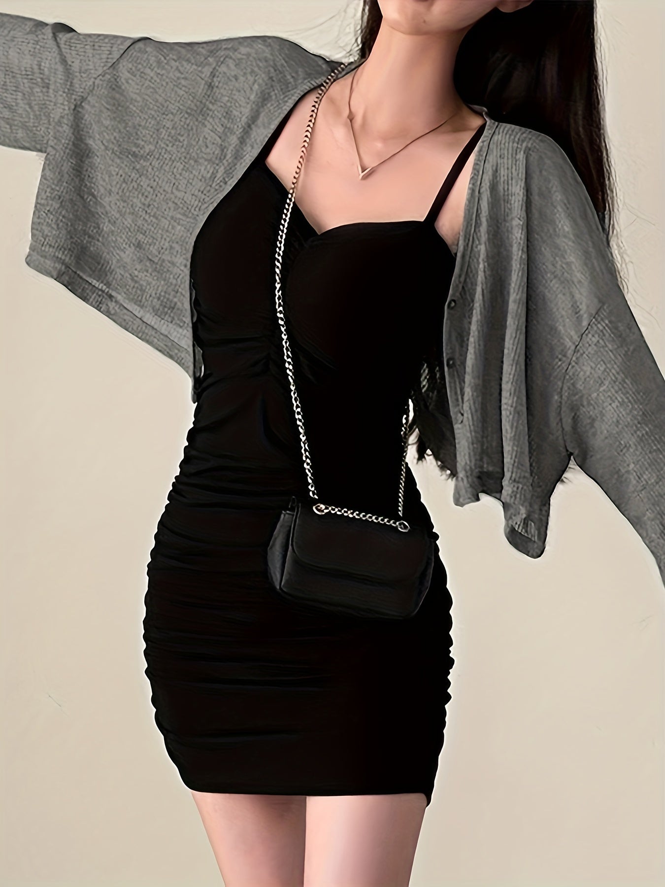 vlovelaw Ruched Bodycon Solid Dress, Party Wear Spaghetti Strap Dress, Women's Clothing