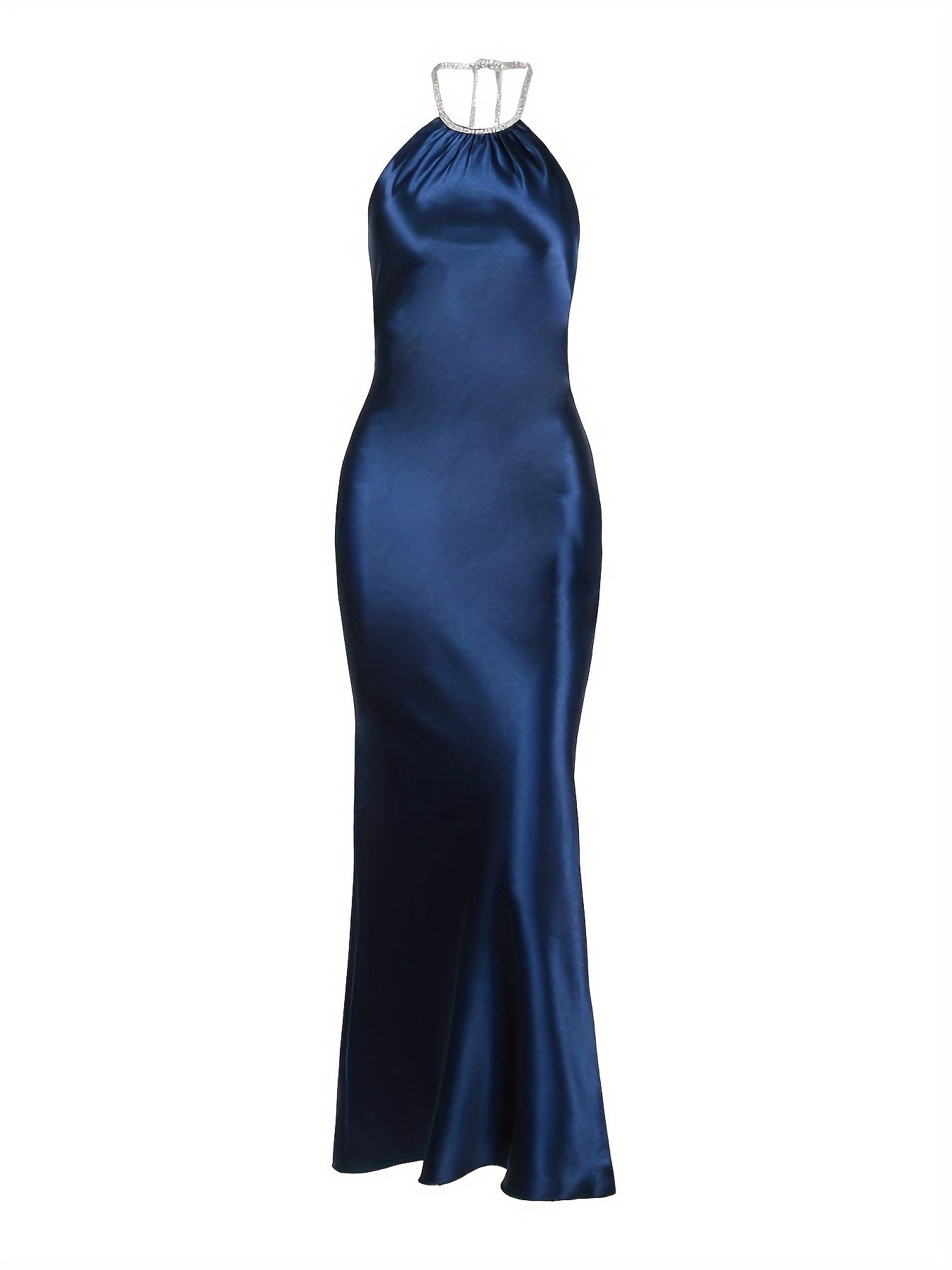 Halter Neck Backless Dress, Elegant Solid Ruched Sheath Floor Length Halter Dress, Women's Clothing