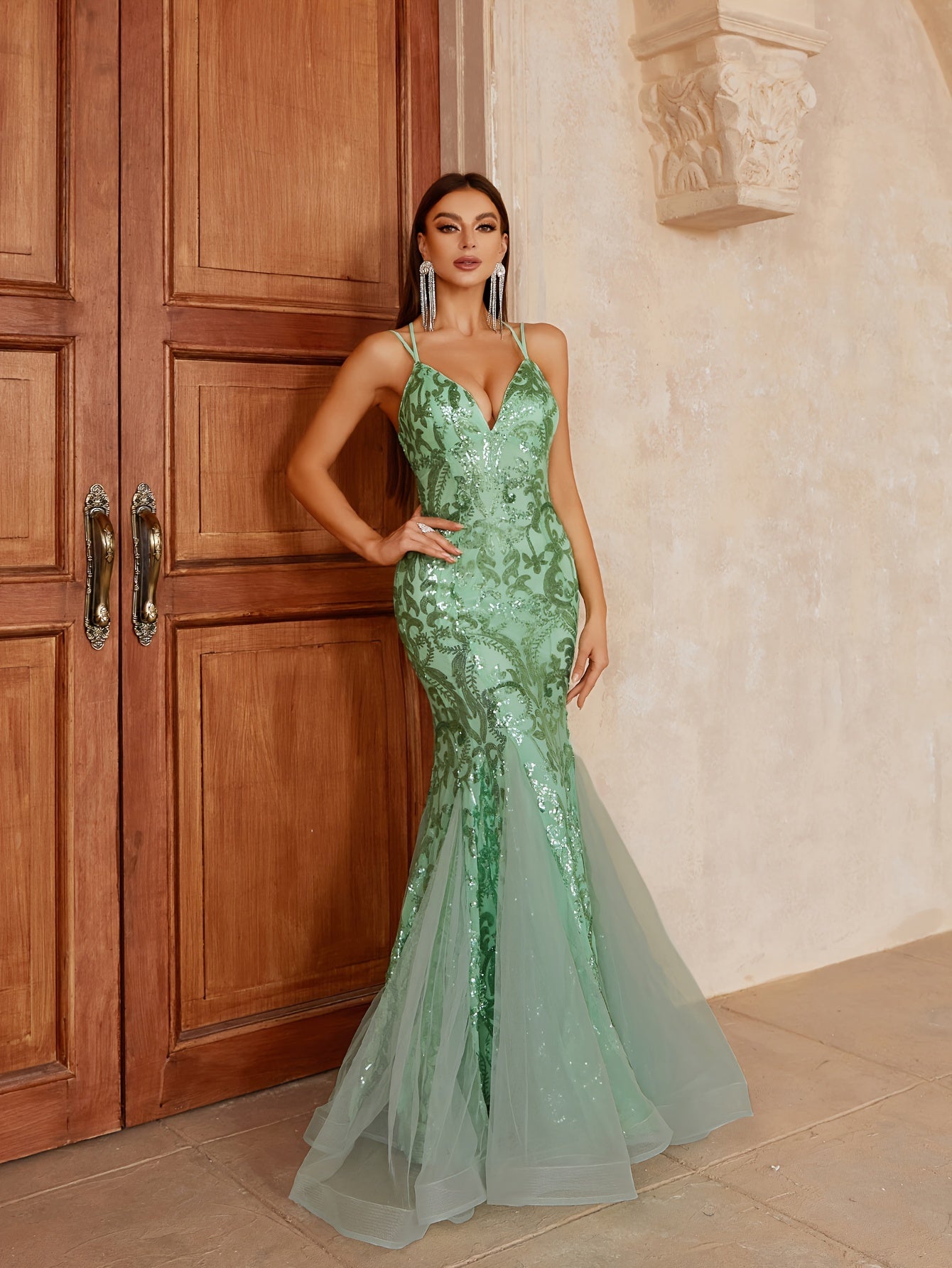 vlovelaw Sequin Spaghetti Strap Dress, Elegant Backless Flared Cut Evening Dress For Party & Banquet, Women's Clothing