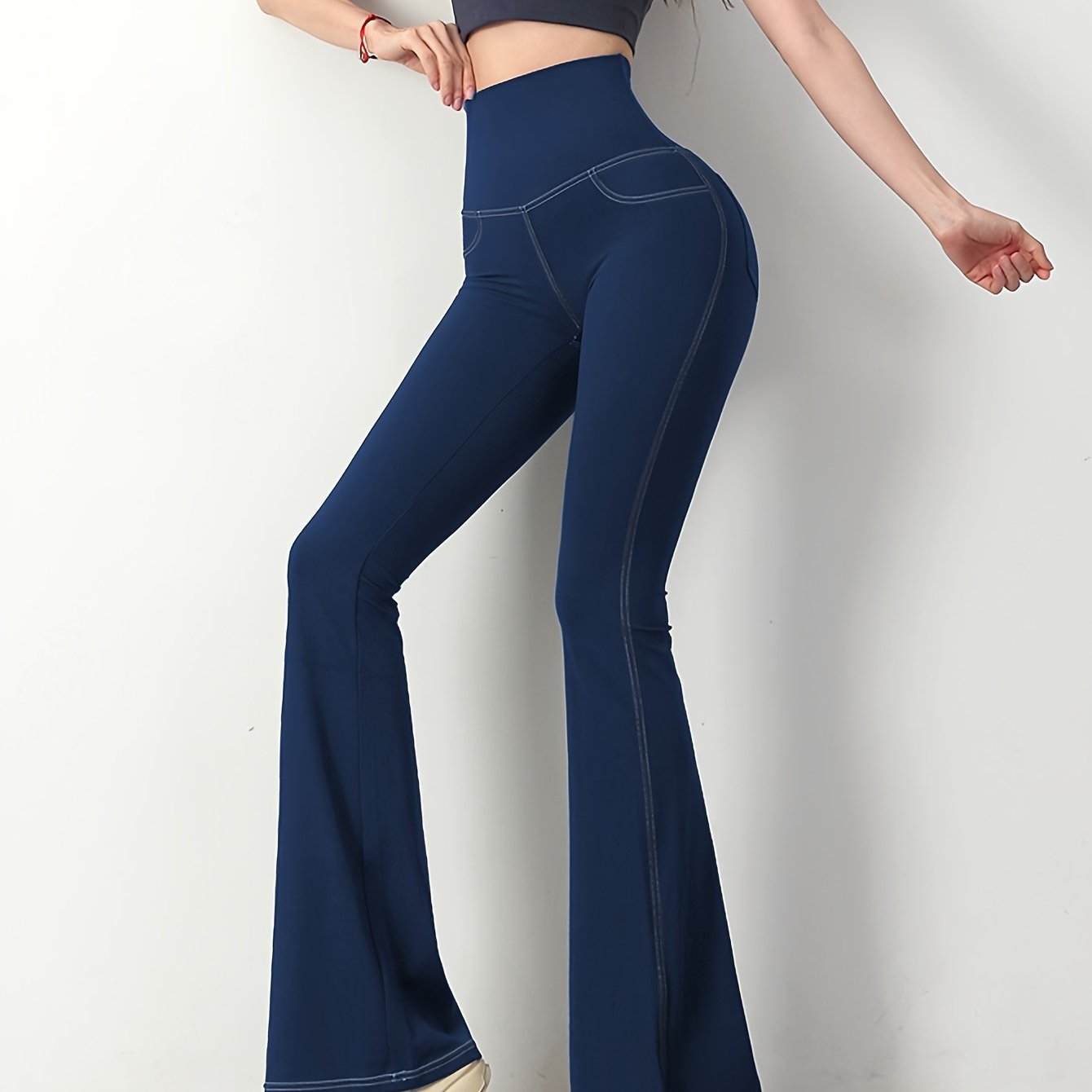 vlovelaw Solid Color Imitation Denim Yoga Pants With Pockets, Sports Fitness Yoga Running Flared Leggings, Women's Clothing