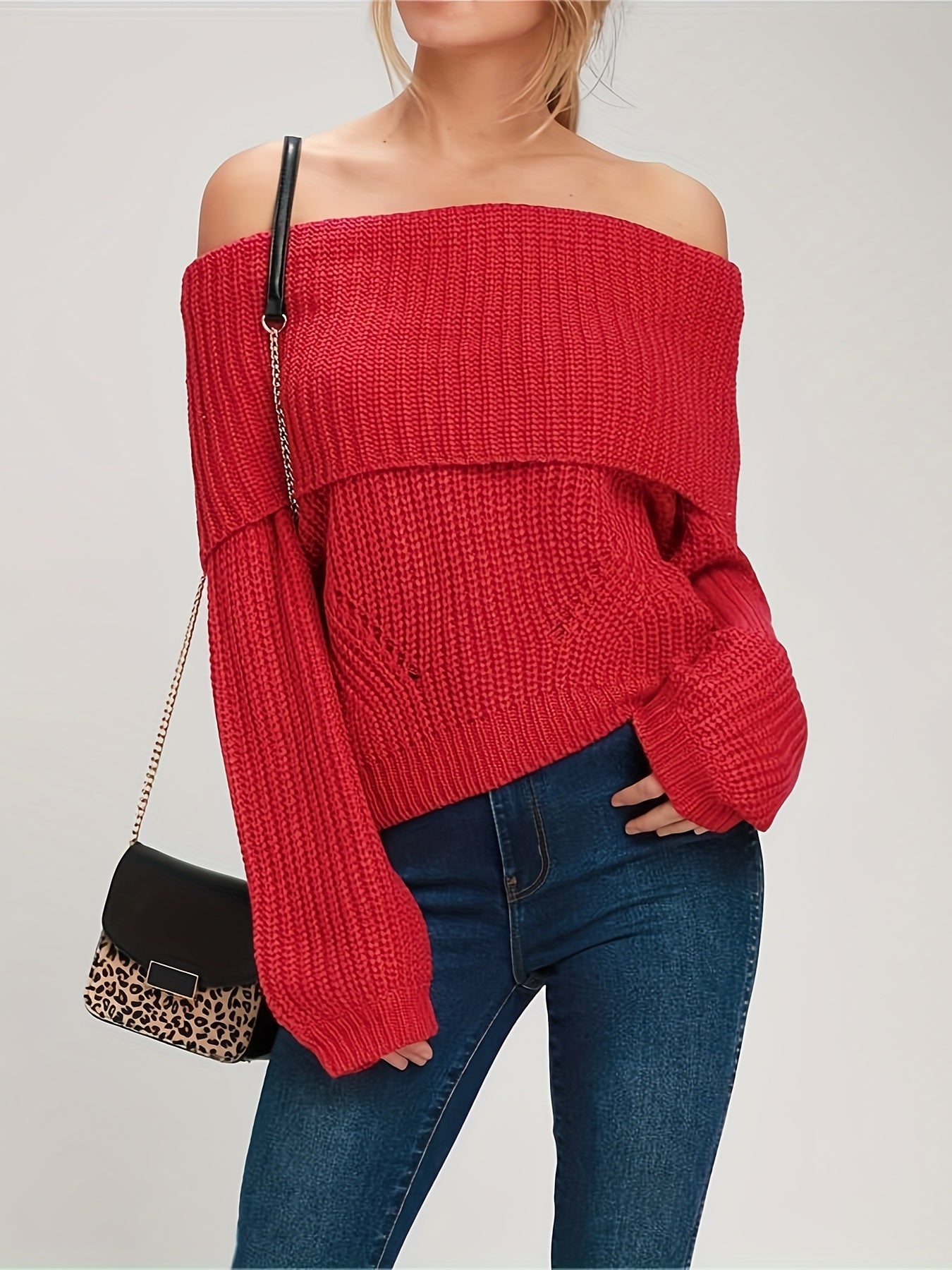 vlovelaw Solid Off Shoulder Pullover Sweater, Casual Long Sleeve Loose Sweater, Women's Clothing