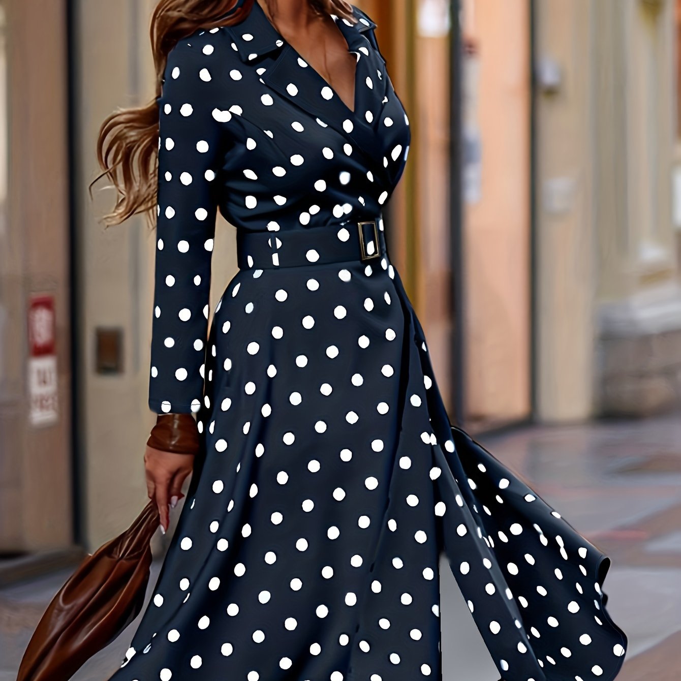 vlovelaw Plus Size Elegant Dress, Women's Plus Polka Dot Print Long Sleeve Lapel Collar Nipped Waist Dress