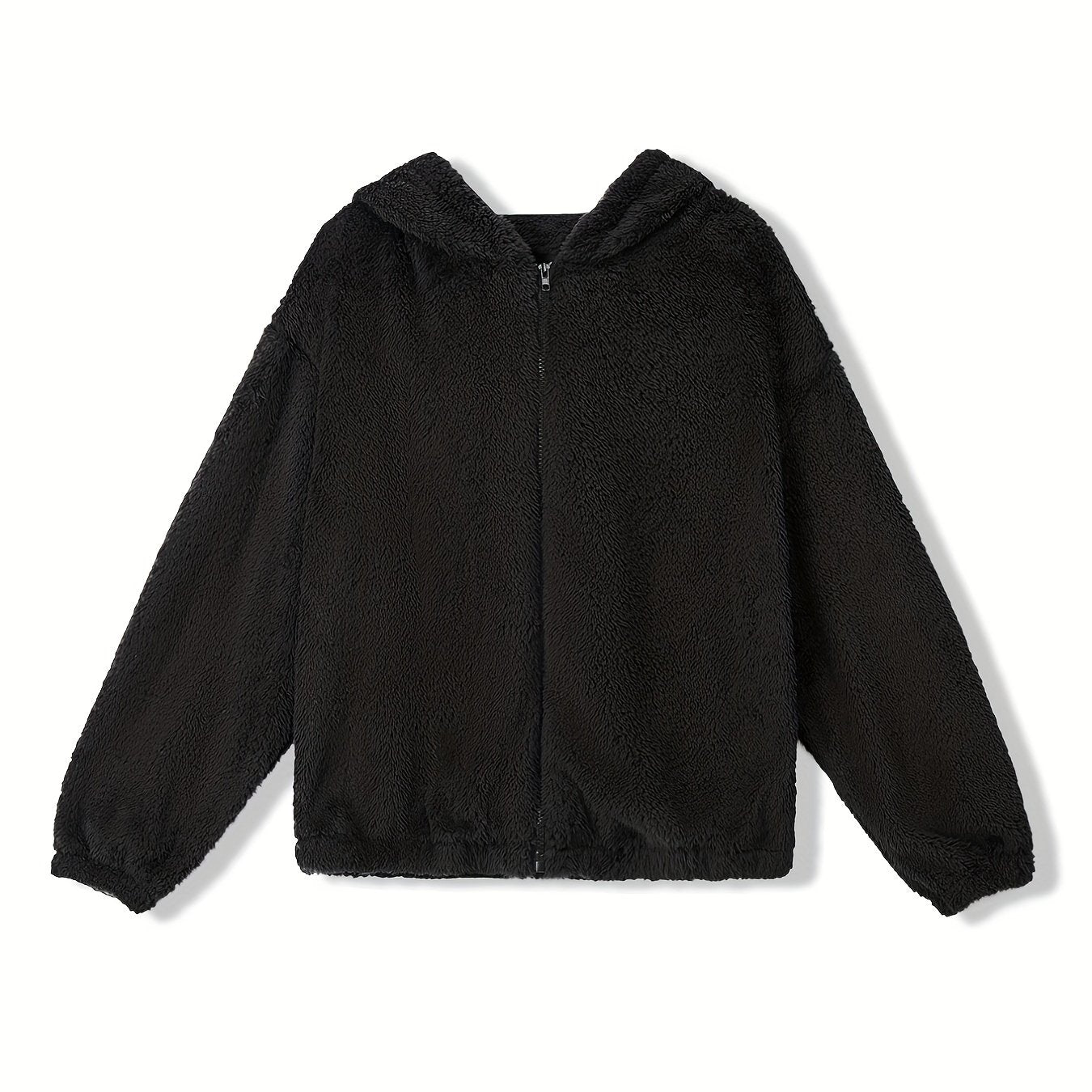 Solid Teddy Hooded Jacket, Casual Zip Up Long Sleeve Outerwear, Women's Clothing