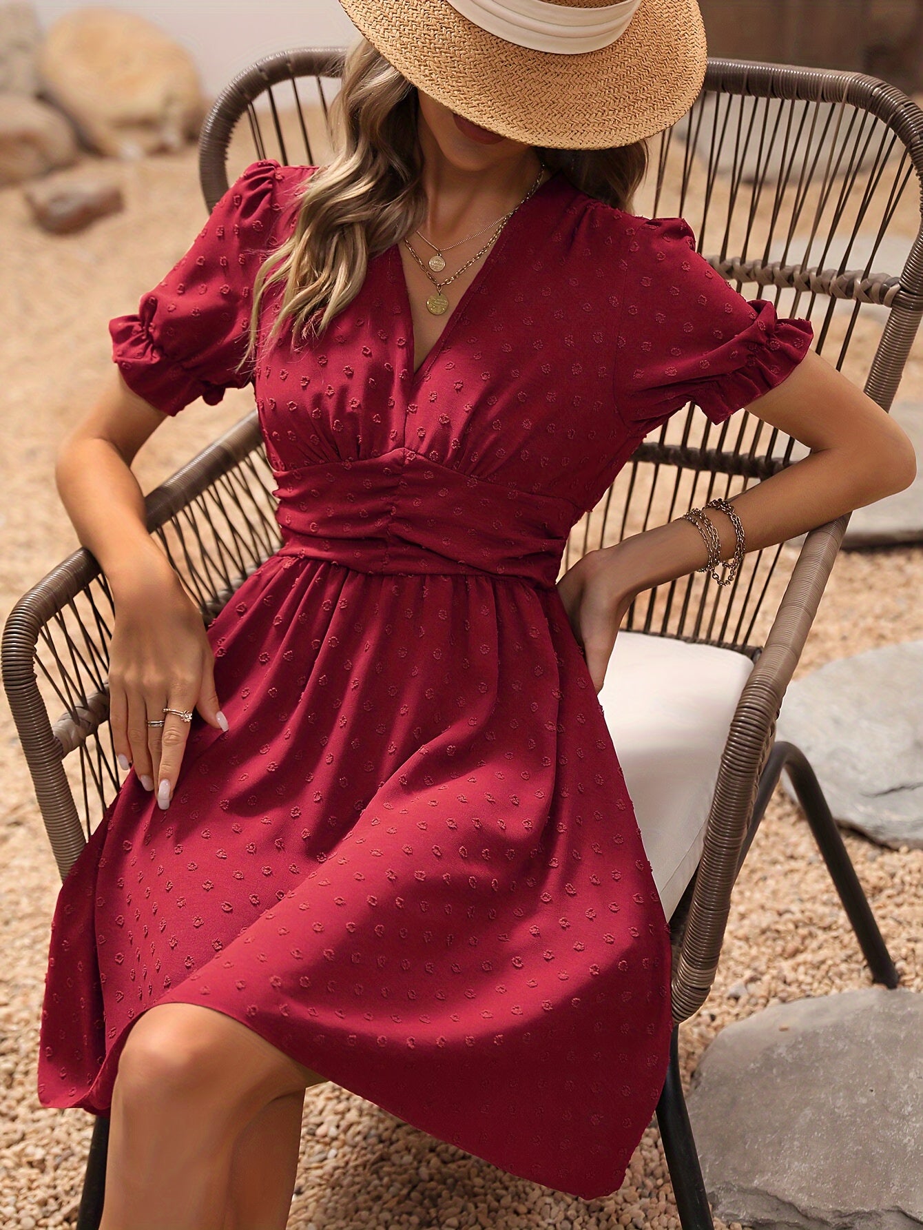 vlovelaw Solid Swiss Dot Puff Sleeve Ruffle Dress, V-neck Short Sleeve Waist Vacation Dress, Women's Clothing