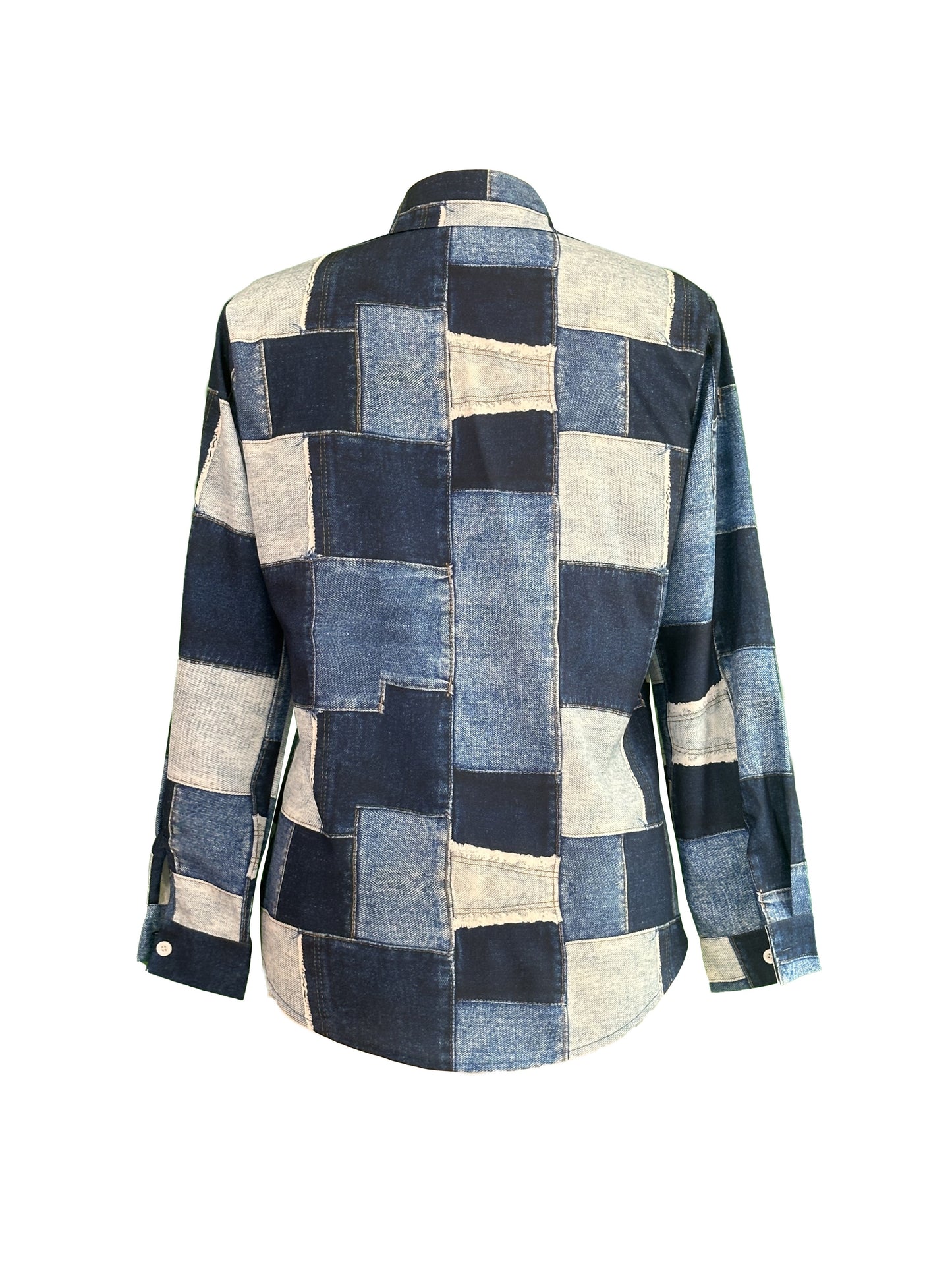 Denim Plaid Print Button Front Shirt, Casual Long Sleeve Shirt, Women's Clothing