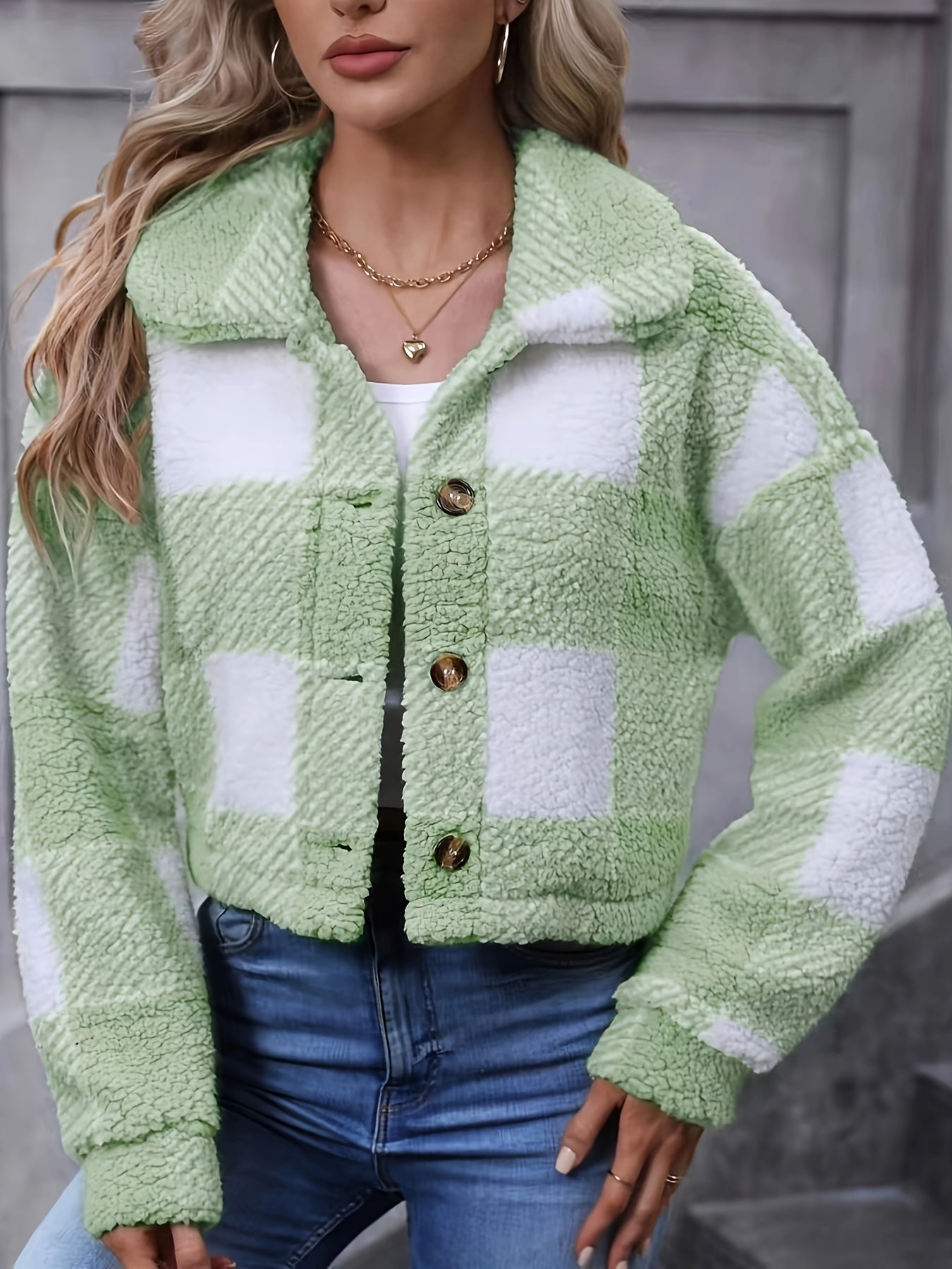 vlovelaw Plaid Teddy Coat, Casual Button Front Long Sleeve Winter Warm Outerwear, Women's Clothing