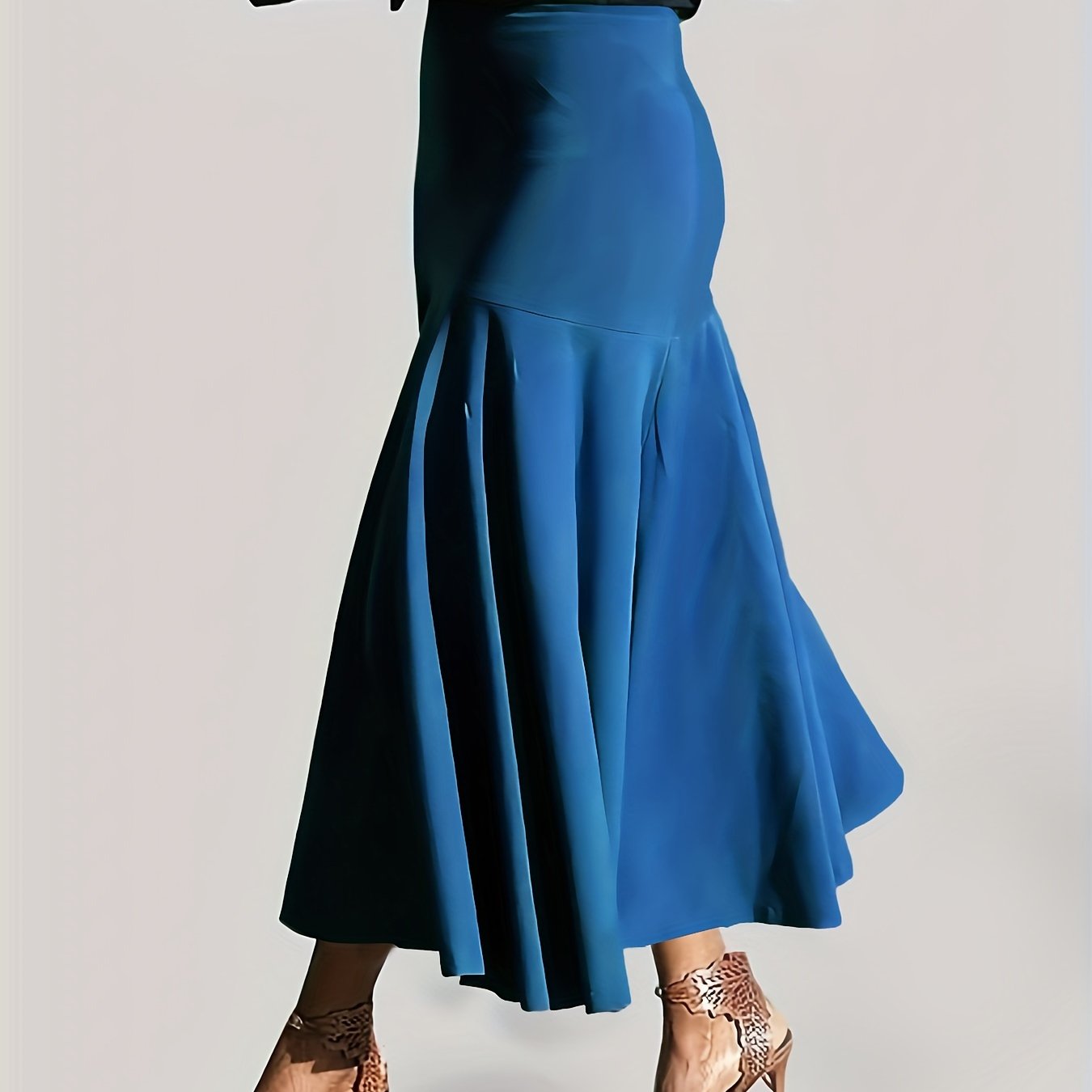 vlovelaw Plus Size Party Skirt, Women's Plus Solid High Rise Non-stretch Maxi Mermaid Skirt