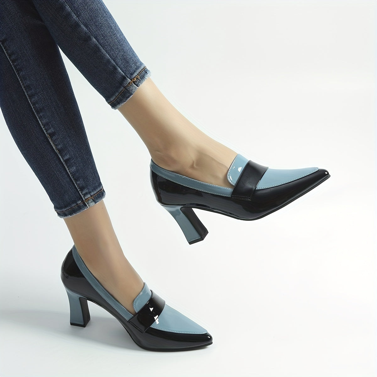 High Heel Womens Mary-Jane Colorblock Pumps - Water-Resistant, Soft Synthetic Leather Upper, Chunky Block Heel, Pointed Toe, Versatile Style for Fall - Glamorous and Comfortable Shoes for Middle East Fashion