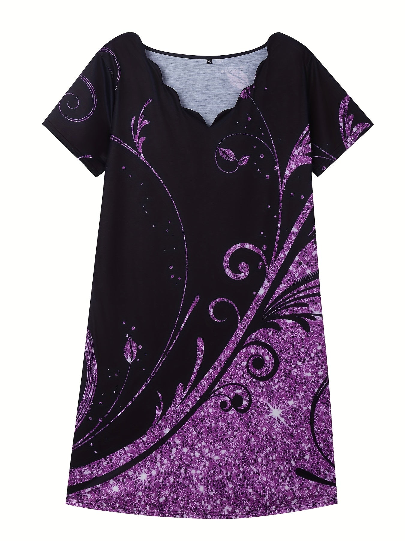 vlovelaw Plus Size Casual Dress, Women's Plus Glitter Baroque Print Short Sleeve V Neck Scallop Trim Slight Stretch Dress