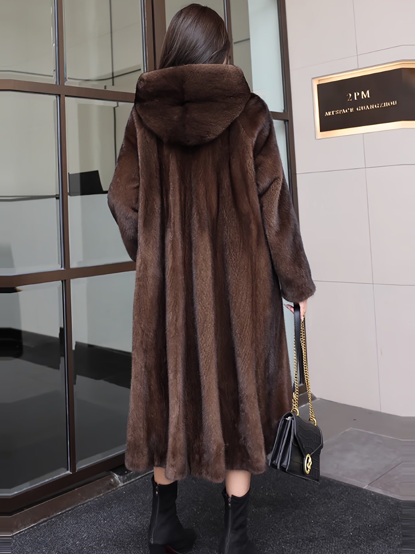 vlovelaw Open Front Faux Fur Hooded Coat, Elegant Thermal Long Sleeve Midi Coat For Winter, Women's Clothing