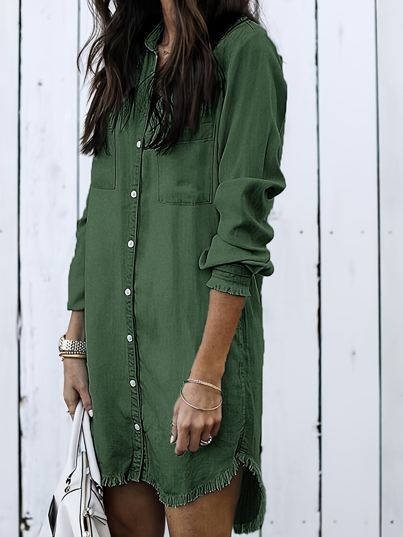 Raw Hem Long Sleeves Denim Shirt, Single-Breasted Button Patched Pockets Lapel Denim Shirt, Women's Denim Clothing