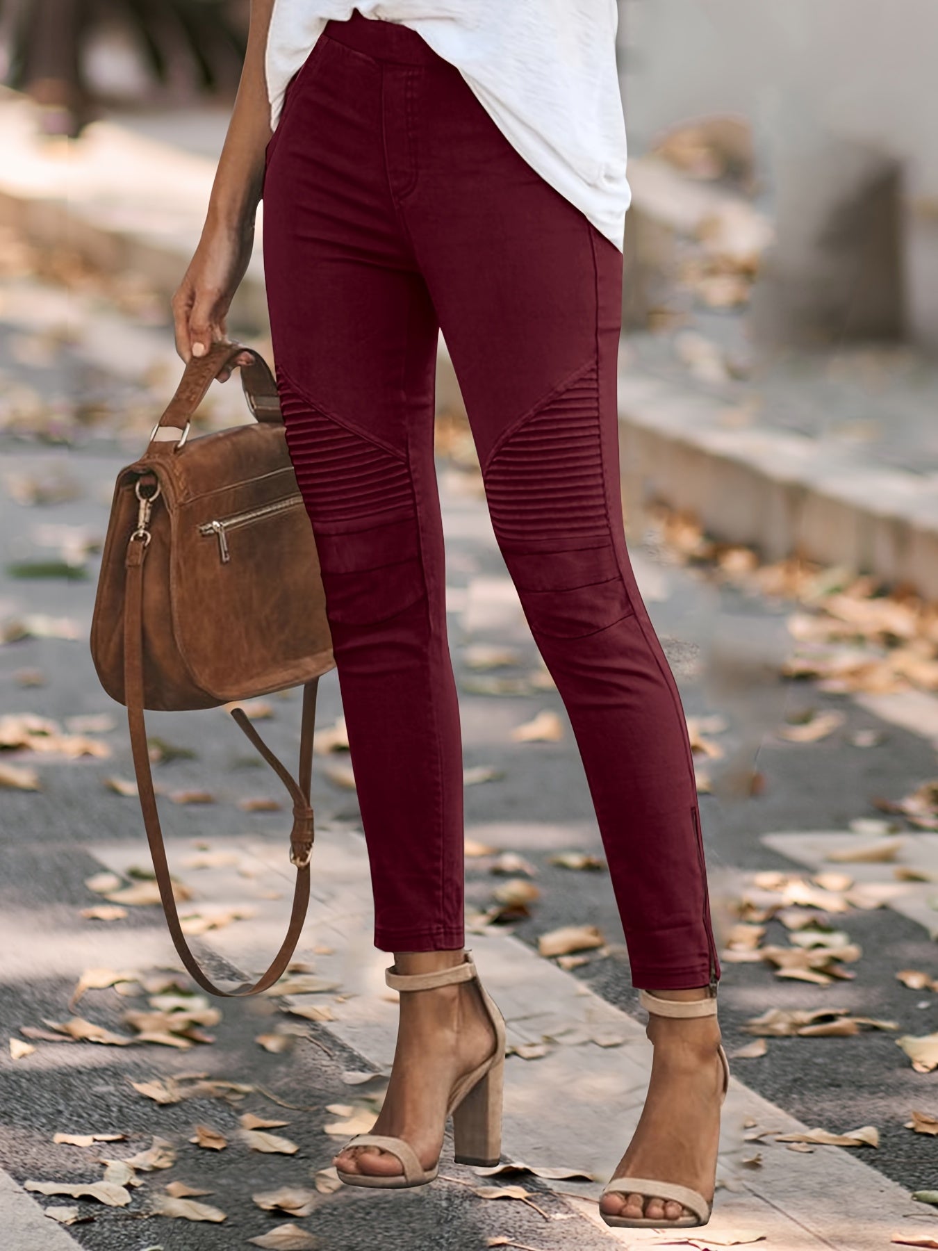 vlovelaw Solid Ruched Pants, Casual Slim Pants For Spring & Summer, Women's Clothing
