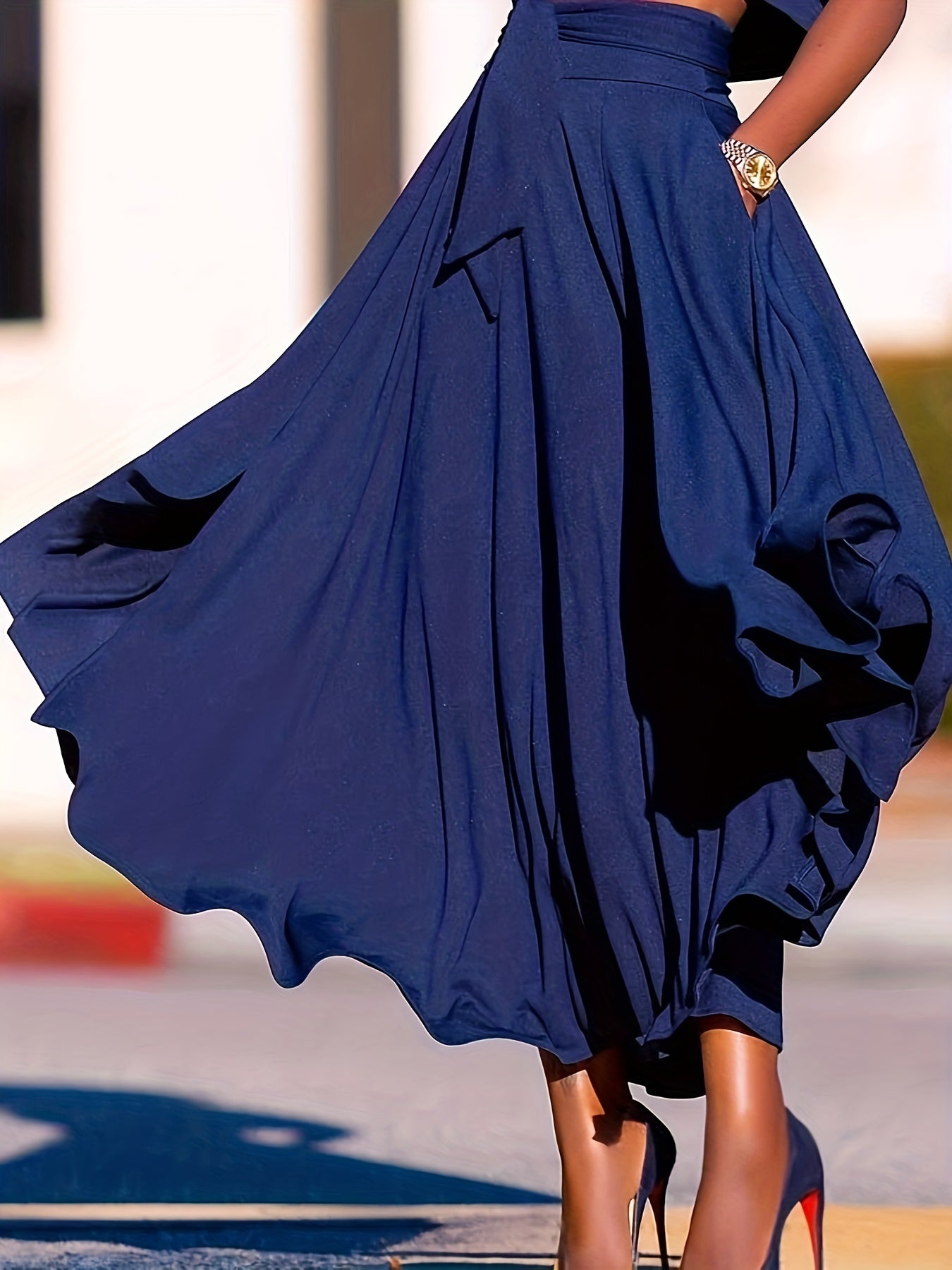 Plus Size Casual Skirt, Women's Plus Solid High Rise High Stretch Belted Maxi Skirt With Pockets