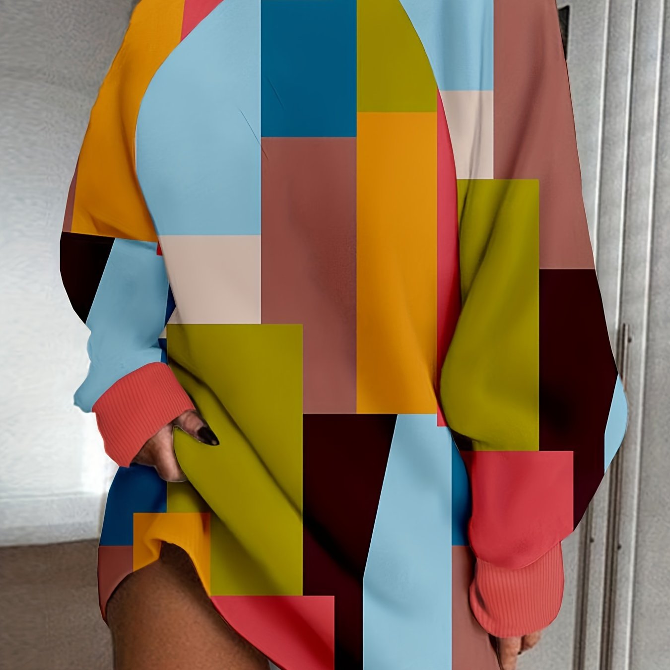 Patchwork Color Block Dress, Casual High Neck Long Sleeve Mini Dress, Women's Clothing