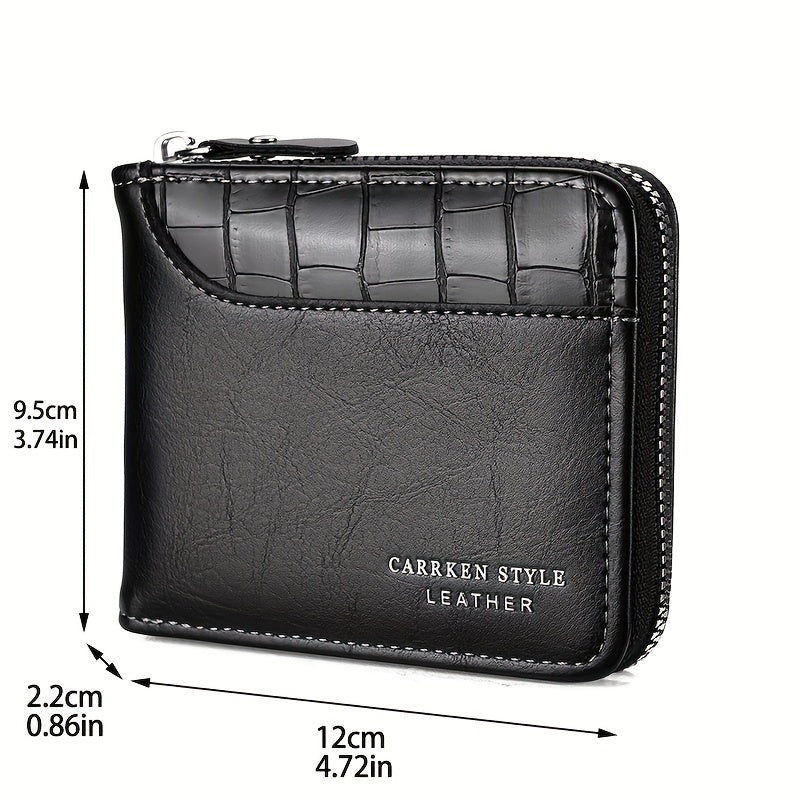 CarrKen Vintage-Inspired Solid Wallet: Secure Zip-Around Coin Holder, Textured Credit Card Organizer