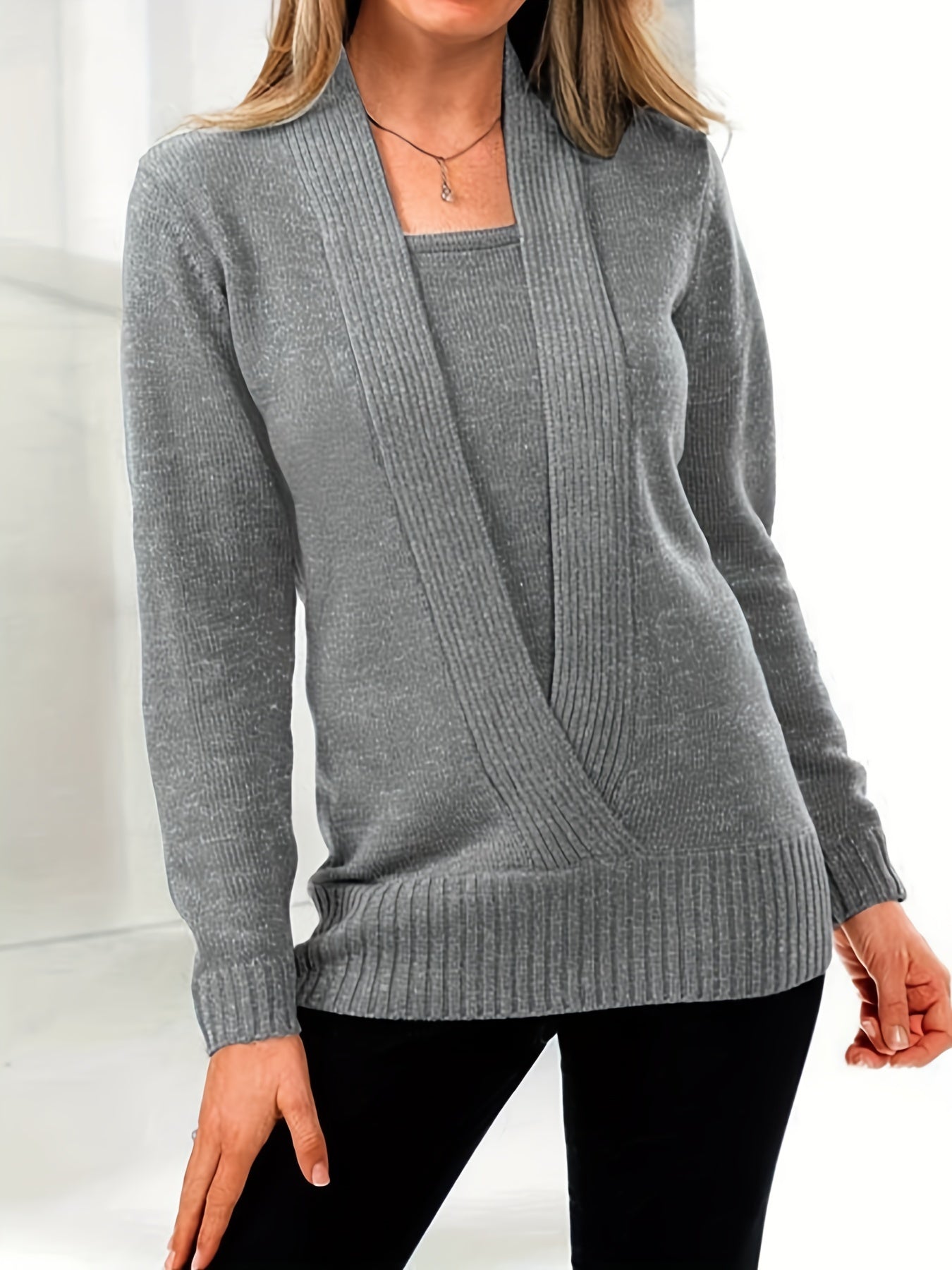 Solid Rib Knit Sweater, Casual Long Sleeve Versatile Sweater, Women's Clothing