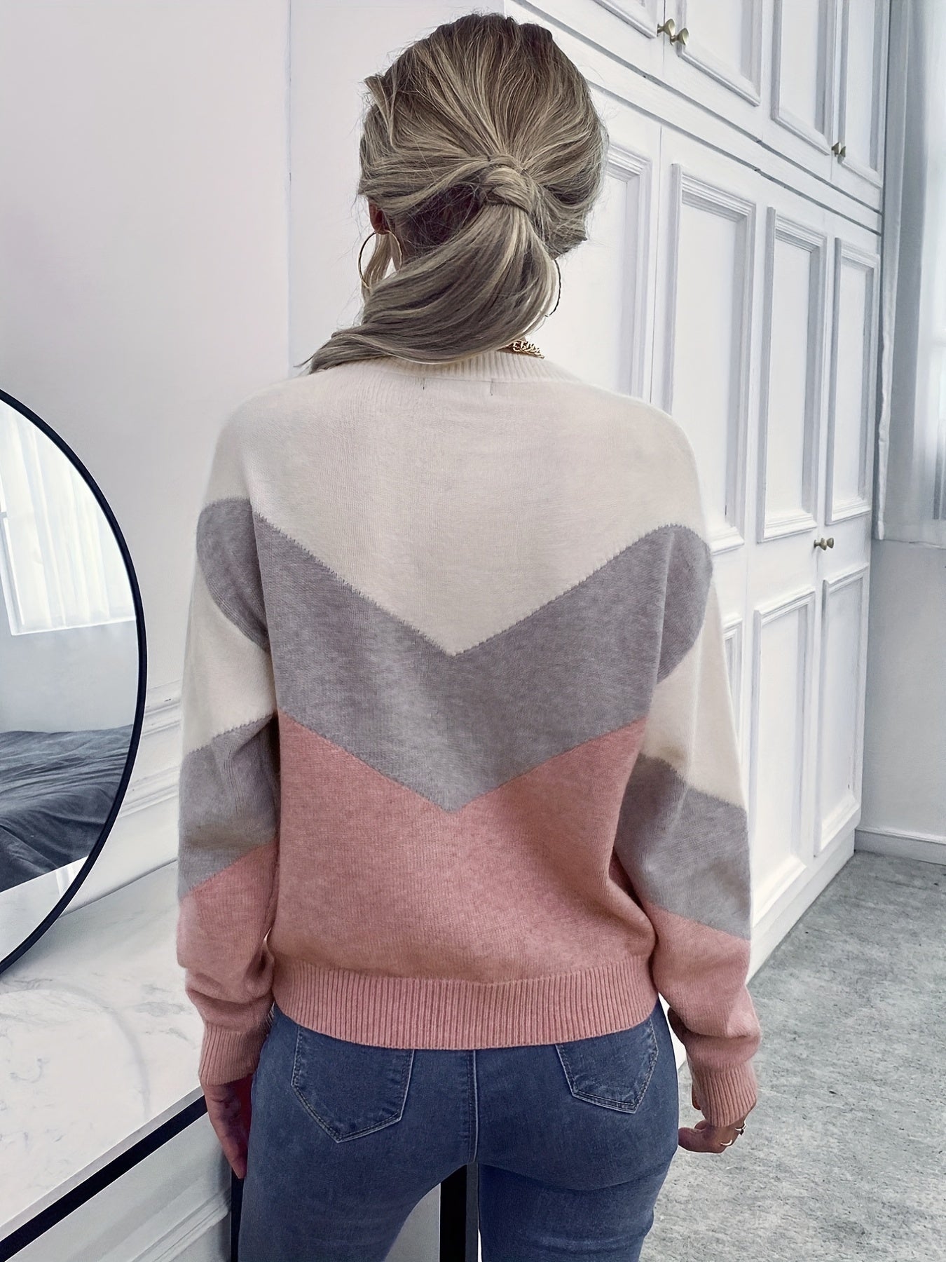 vlovelaw Color Block Crew Neck Sweater, Casual Long Sleeve Sweater For Fall & Winter, Women's Clothing