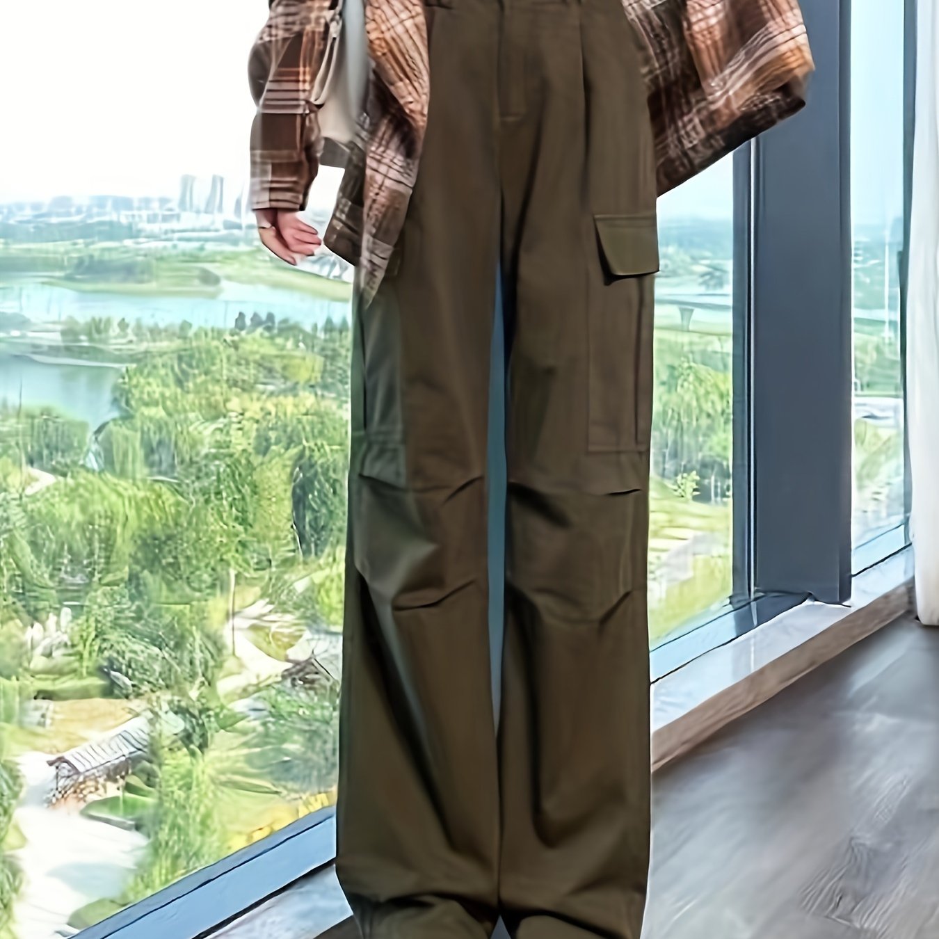 vlovelaw Solid Straight Leg Cargo Pants, Y2K Flap Pocket High Waist Loose Pants, Women's Clothing