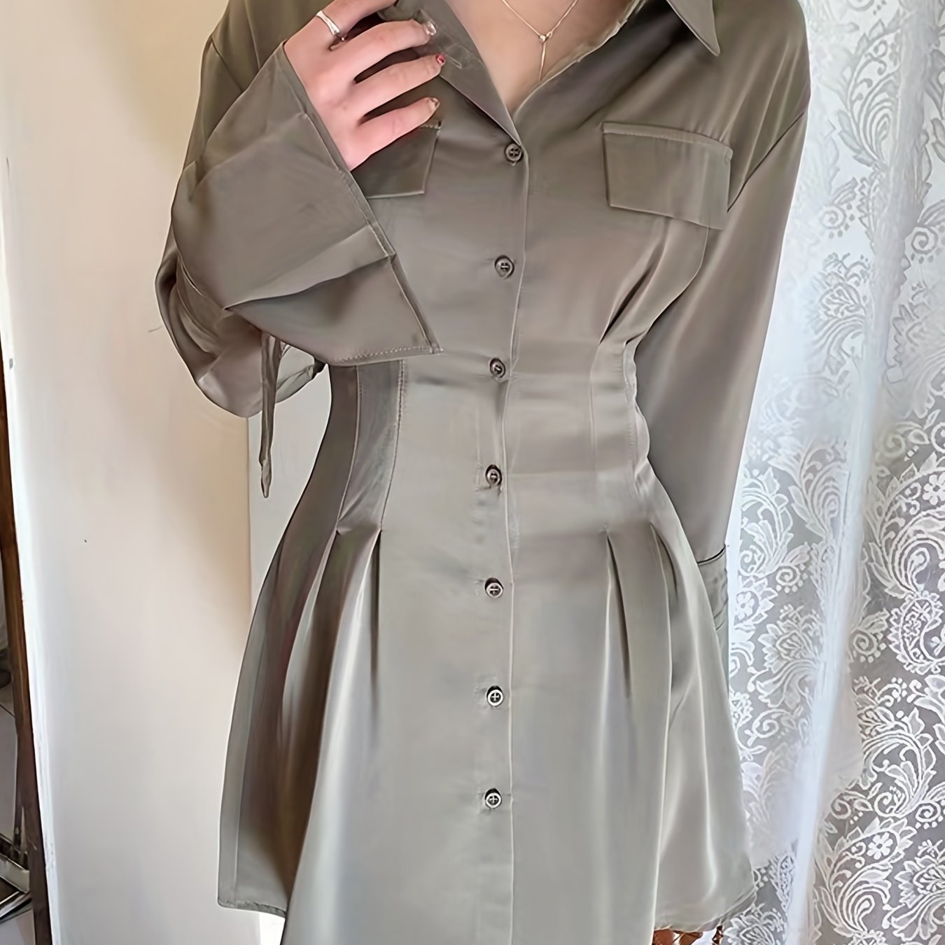 vlovelaw Button Front Tucked Dress, Casual Solid Long Sleeve Collared Shirt Dress, Women's Clothing