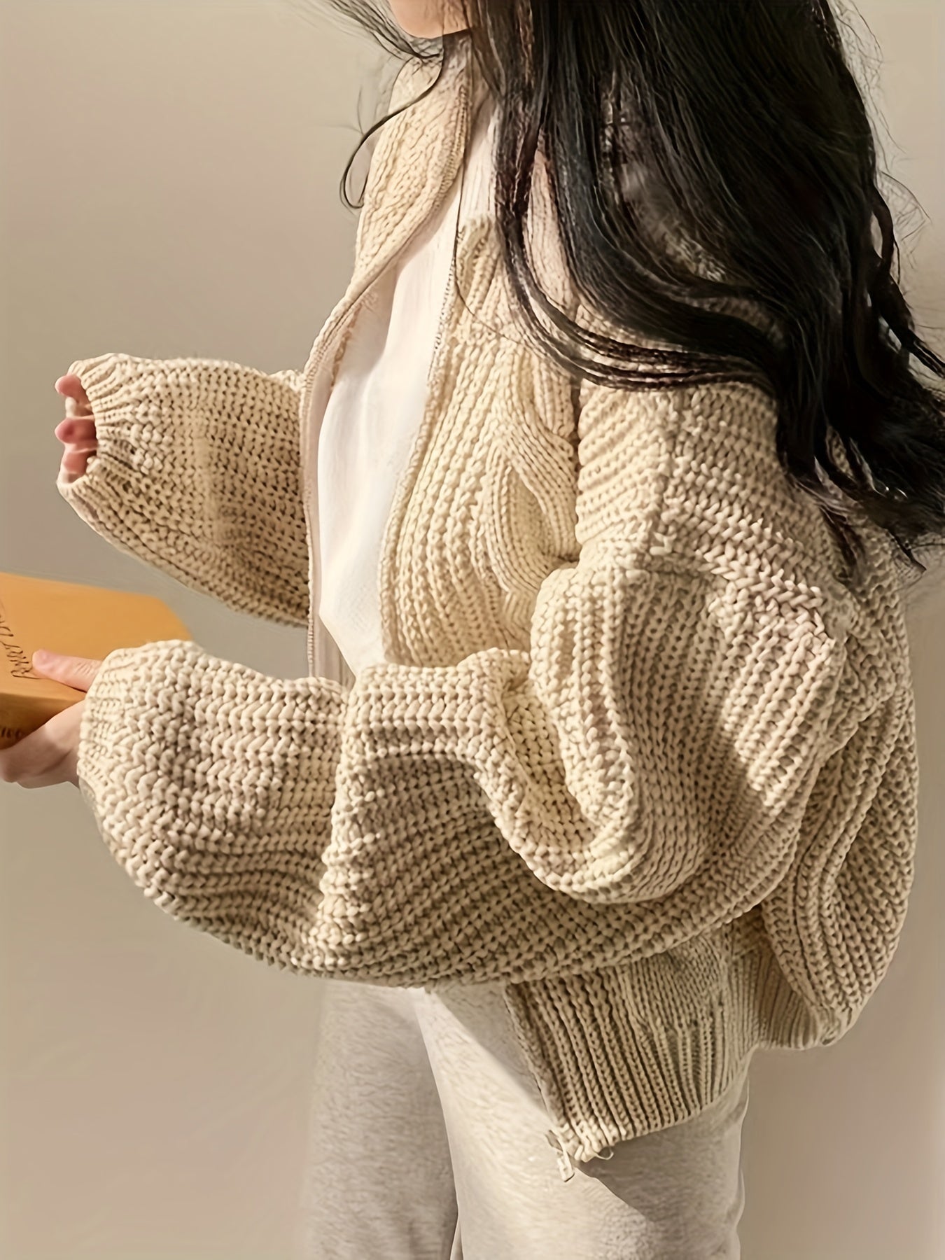vlovelaw vlovelaw Solid Zip Up Chunky Cable Knit Cardigan, Casual Long Sleeve Loose Sweater, Women's Clothing