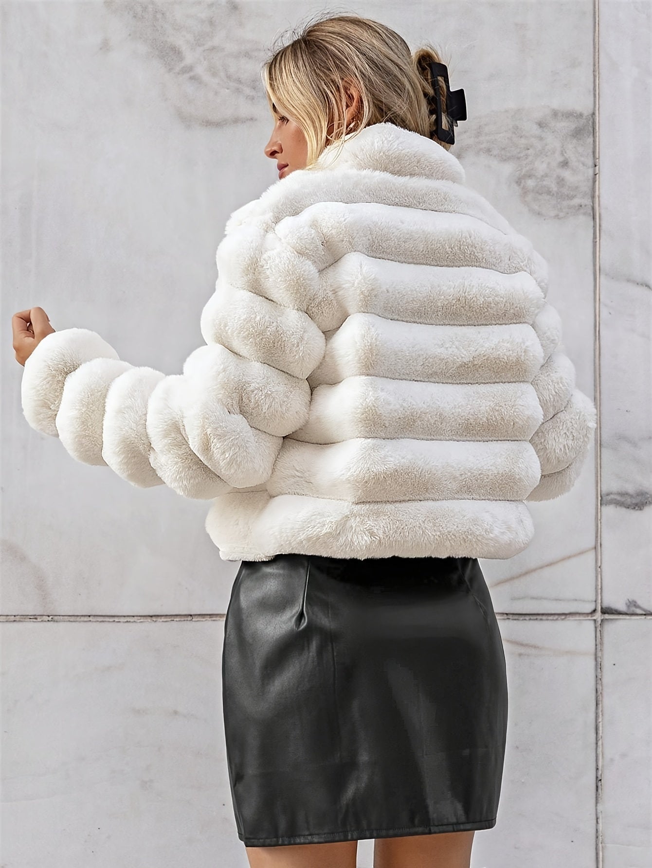 vlovelaw Solid Winter Warm Wavy Coat, Casual Open Front Stand Collar Long Sleeve Outerwear, Women's Clothing