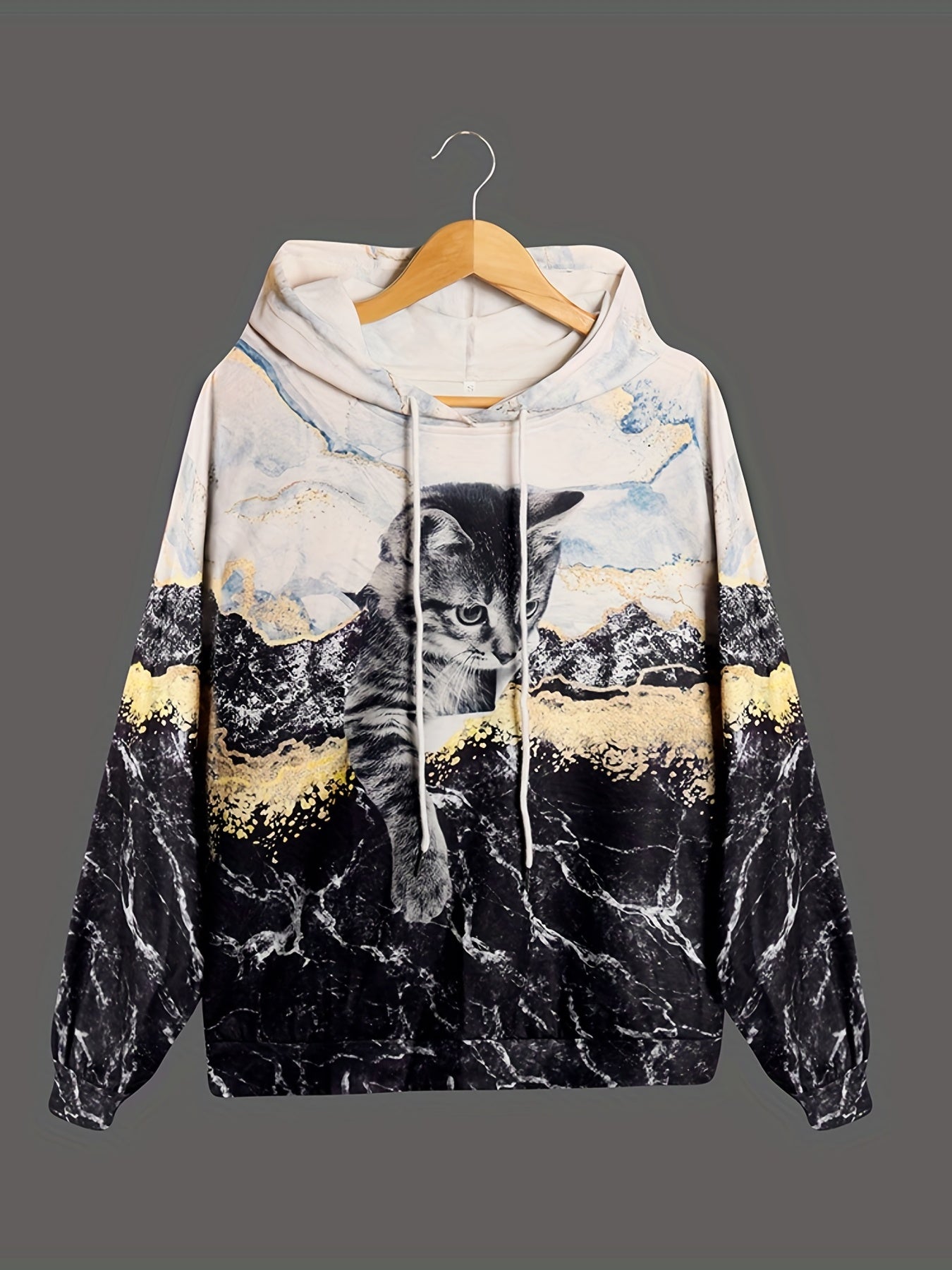 Cat Print Casual Sports Hooded Sweatshirs, Long Sleeve Drawstring Hoodie, Women's Sporty Sweatshirts