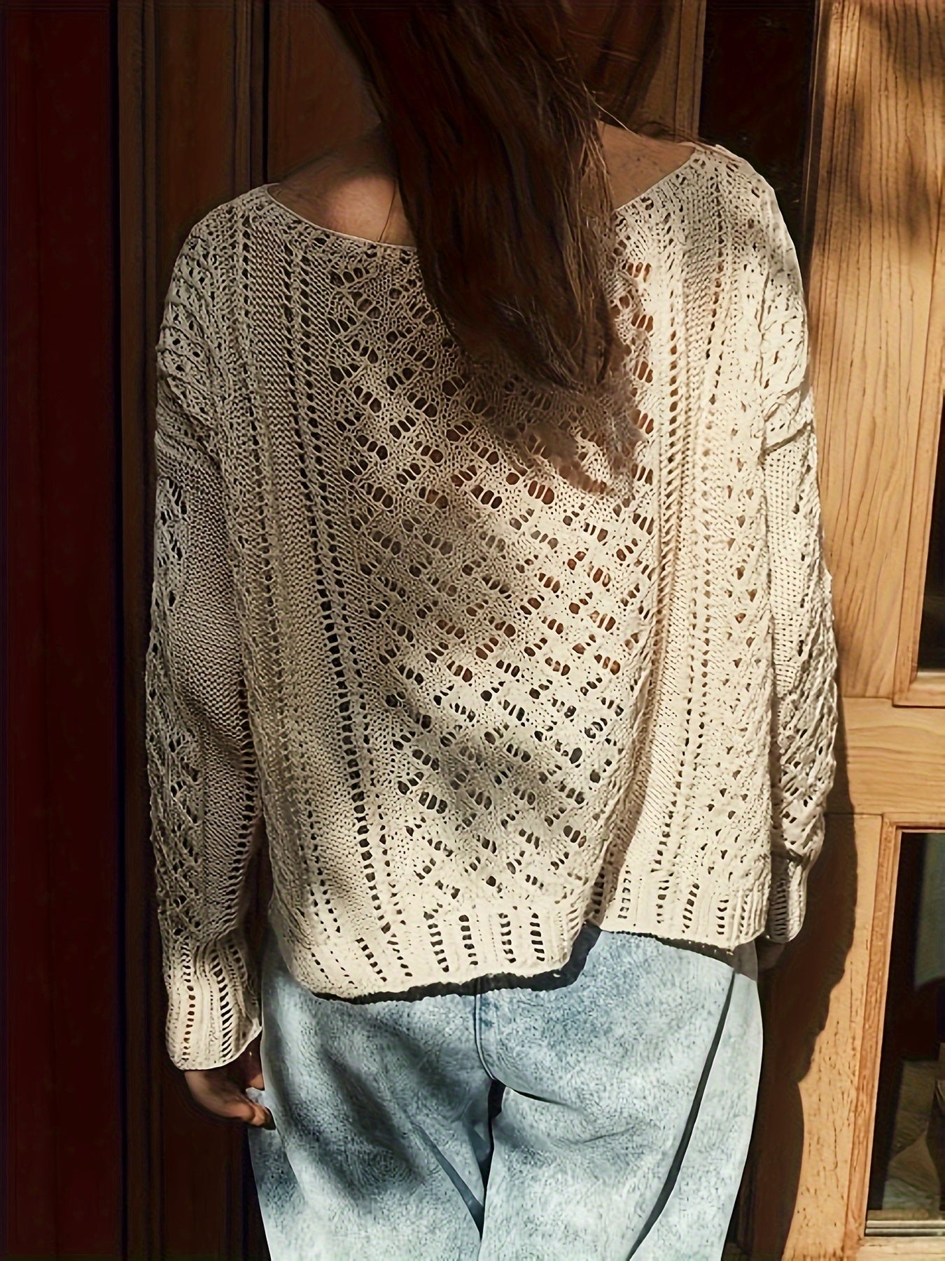 vlovelaw Solid Boat Neck Knit Pullover Sweater, Elegant Hollow Out Long Sleeve Loose Sweater, Women's Clothing