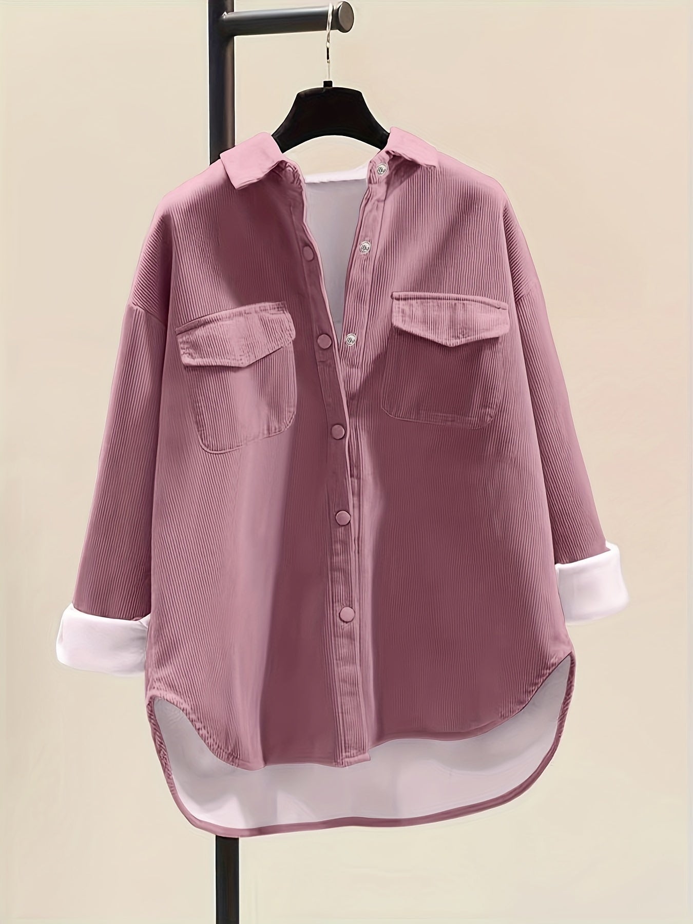 Button Front Plush Lined Solid Jacket, Casual Collared Long Sleeve Outerwear, Women's Clothing