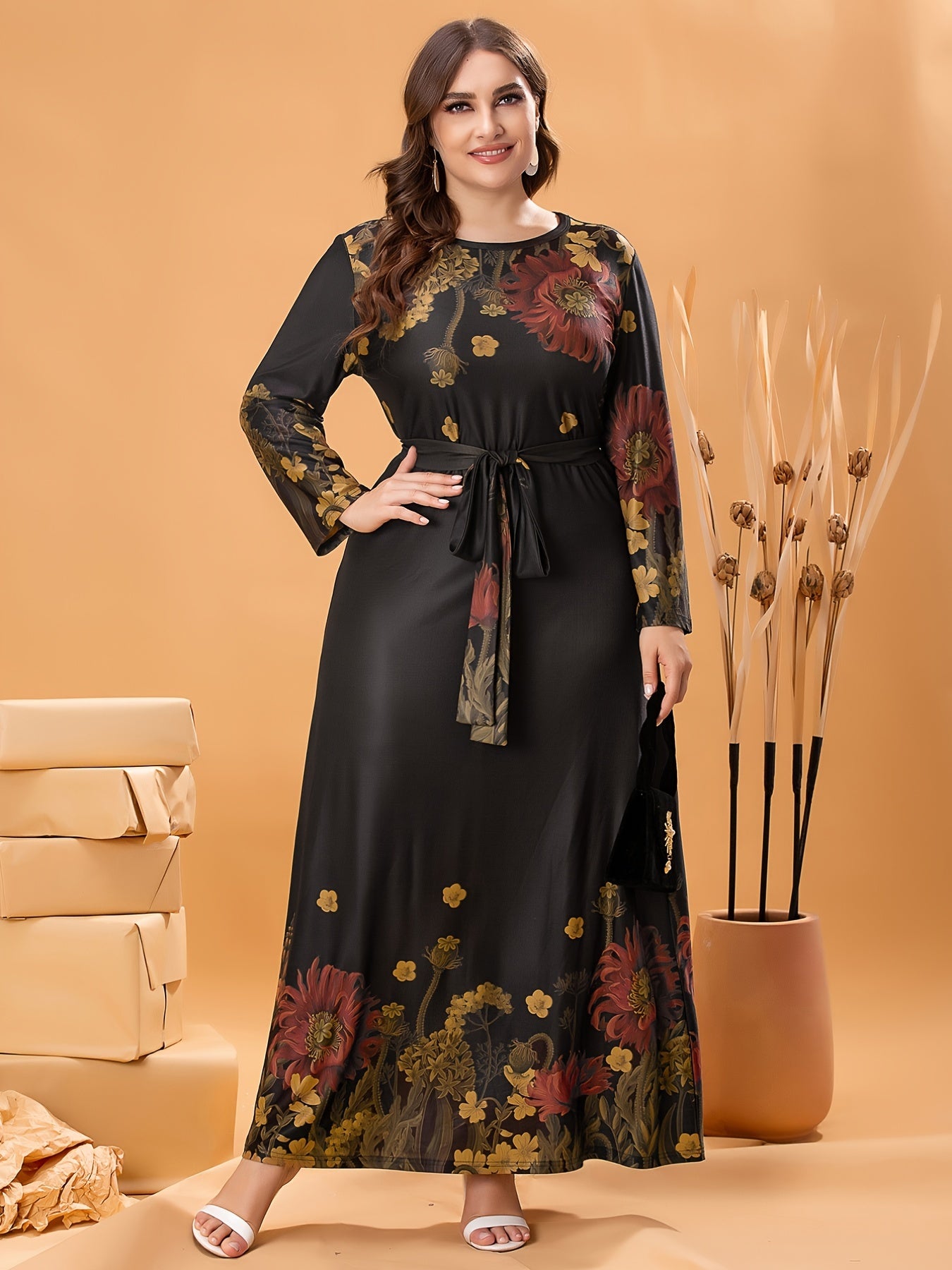 Plus Size Elegant Dress, Women's Plus Floral Print Long Sleeve Round Neck Maxi Dress With Belt