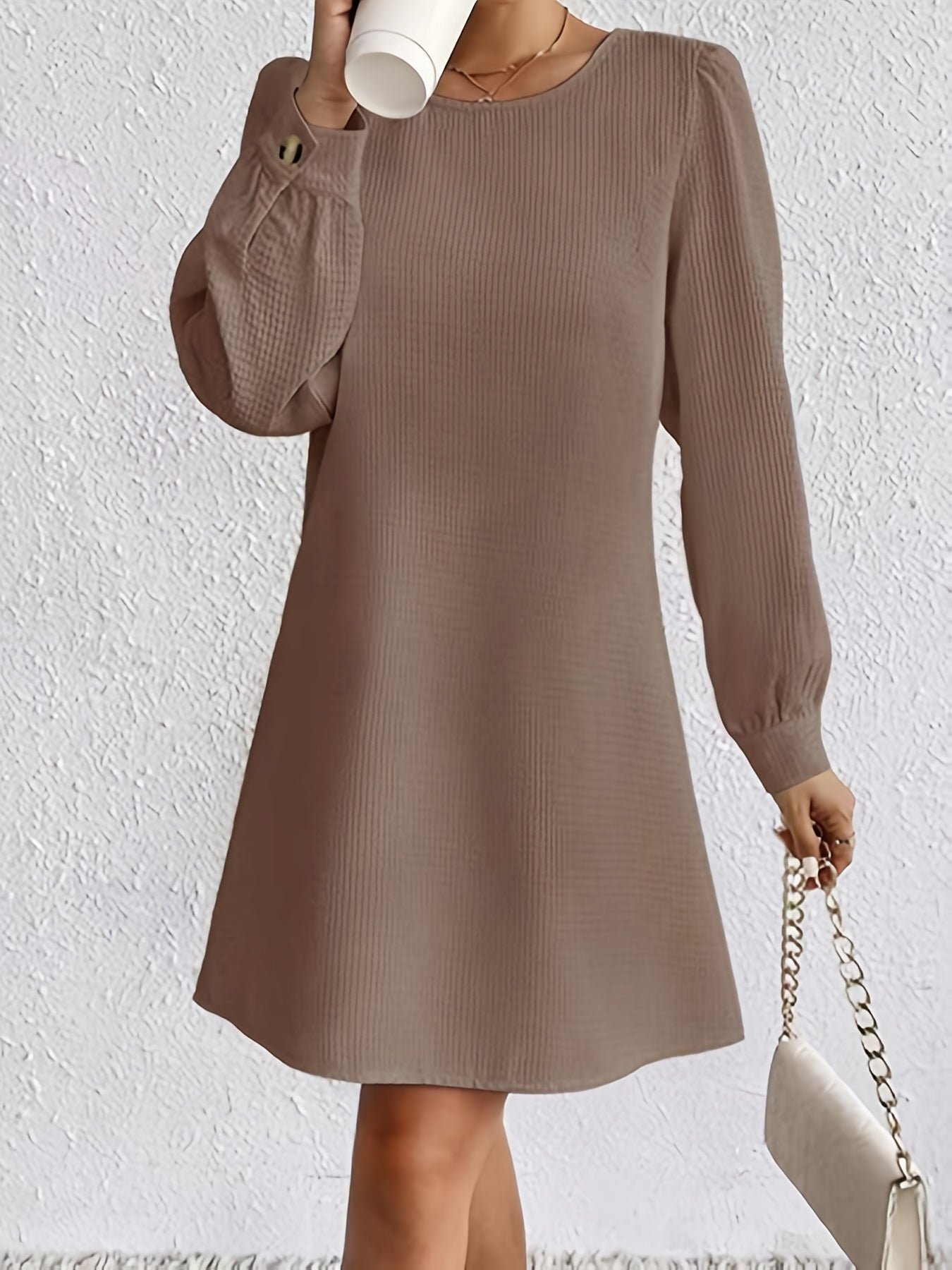 vlovelaw Solid Button Back Dress, Casual Long Sleeve Crew Neck Dress, Women's Clothing