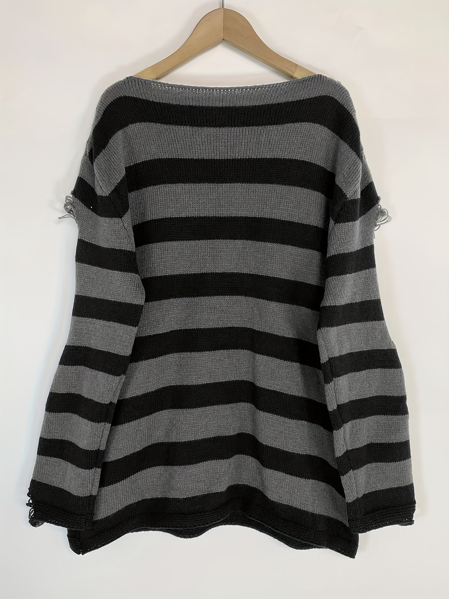 vlovelaw Grunge Striped Print Ripped Knit Sweater, Street Wear Long Sleeve Sweater, Women's Clothing