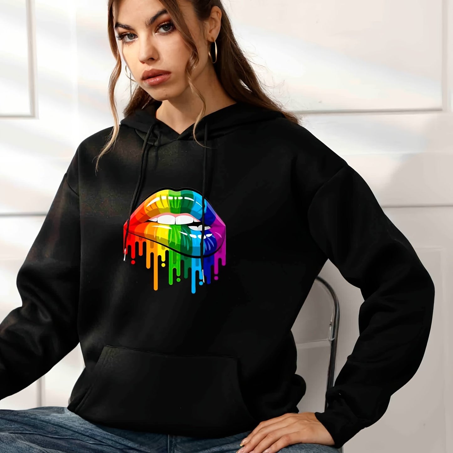 Rainbow Lip Print Casual Hoodies, Drawstring Long Sleeve Kangaroo Pocket Pullover Sweater, Women's Clothing