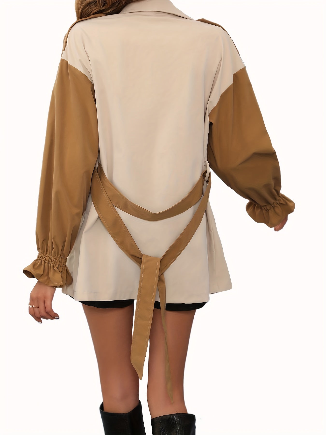 Color Block Belted Trench Coat, Elegant Long Sleeve Ruffle Cuff Coat, Women's Clothing
