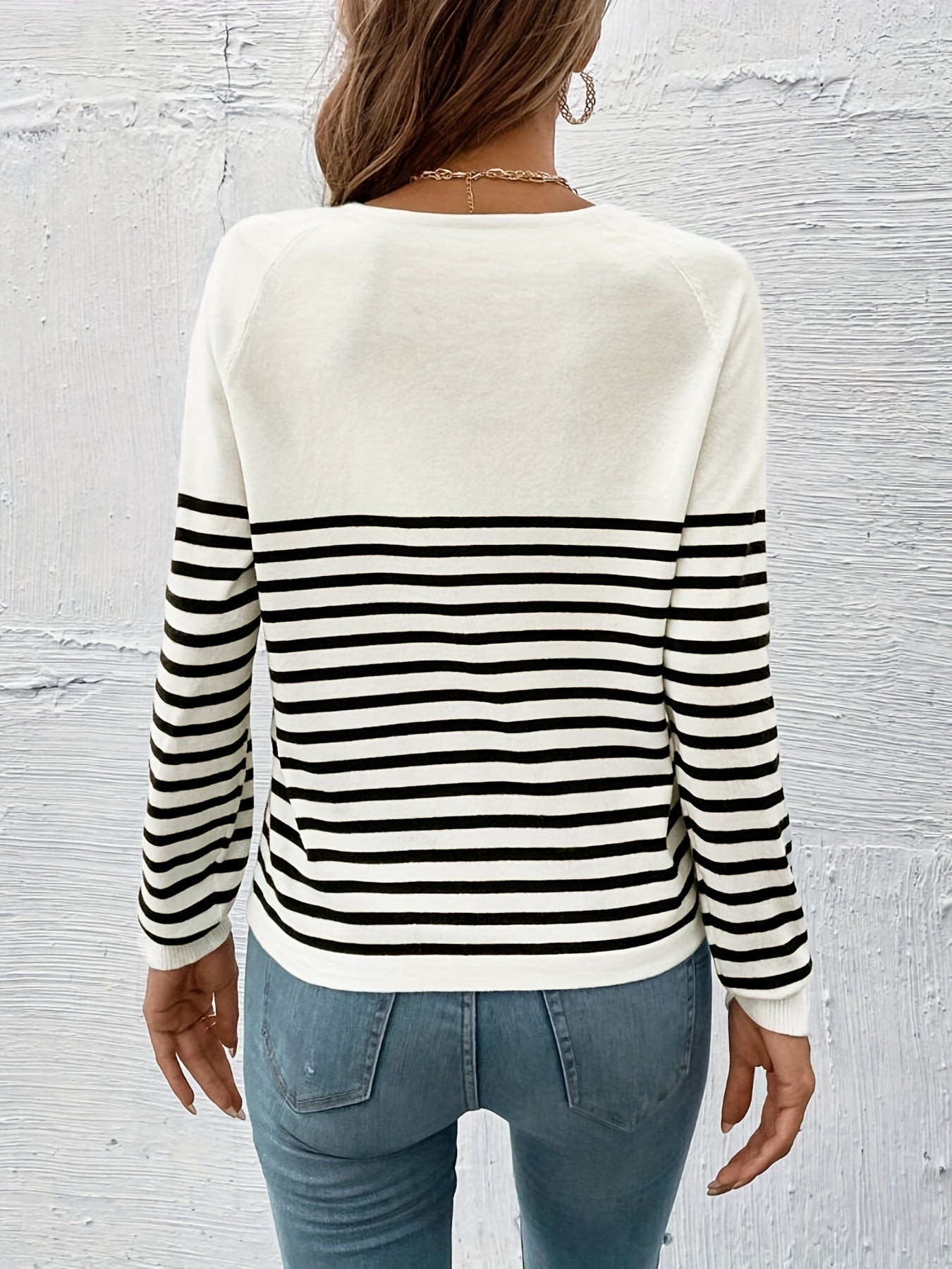 Striped V Neck Pullover Sweater, Casual Long Sleeve Sweater For Spring & Fall, Women's Clothing