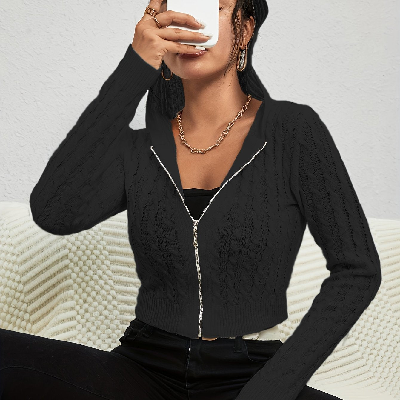 vlovelaw  vlovelaw  Zip Up Hooded Cable Knit Cardigan, Casual Long Sleeve Crop Sweater Jacket, Women's Clothing