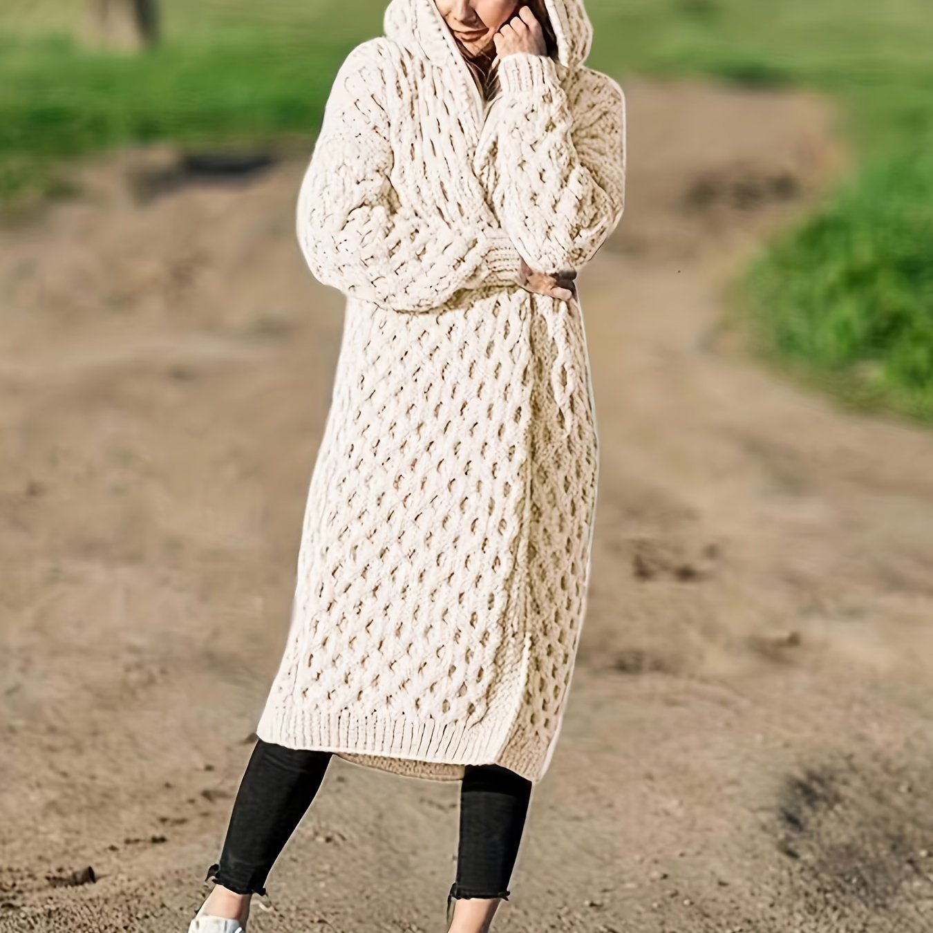 Solid Open Front Hooded Cardigan, Casual Long Sleeve Long Length Sweater For Fall & Winter, Women's Clothing