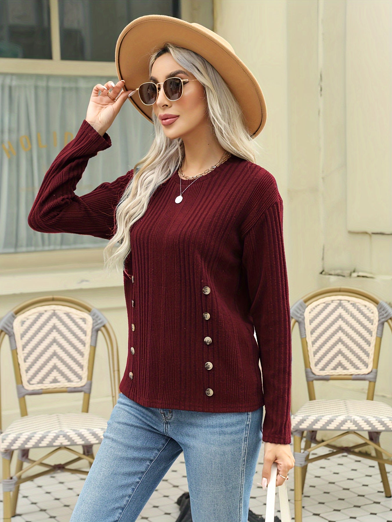 vlovelaw Ribbed Button Decor Crew Neck T-Shirt, Casual Long Sleeve Top For Spring & Fall, Women's Clothing