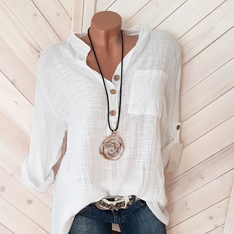 Womens Blouses Shirts Oversized Women Cotton Linen Blouse Autumn Casual Long Sleeve Button V Neck Loose Shirt Lady Tops 230519