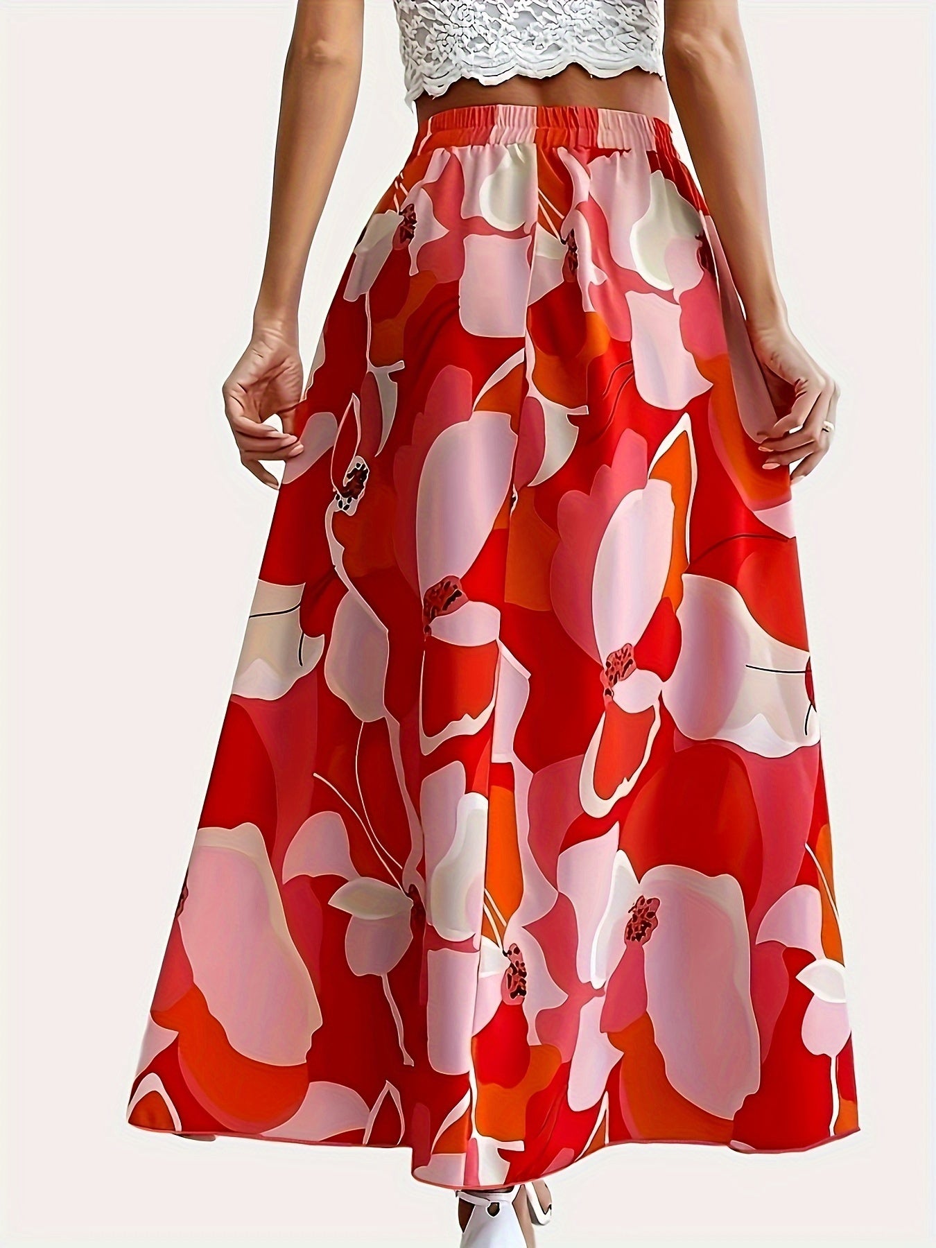 Plus Size Elegant Skirt, Women's Plus Floral Print Elastic High Rise Flowy Maxi Skirt