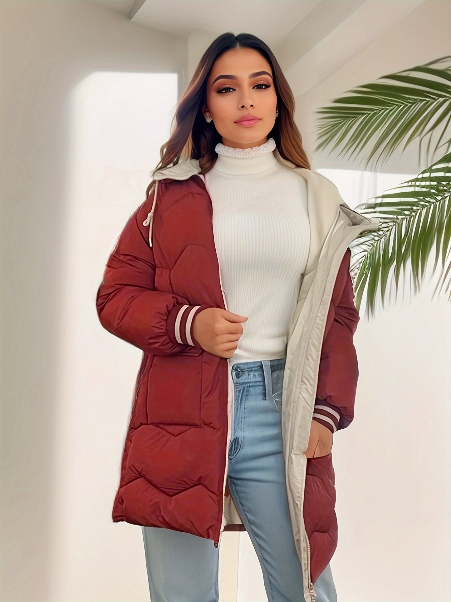 vlovelaw Zip Up Color Block Hooded Coat, Casual Long Sleeve Winter Warm Outerwear, Women's Clothing