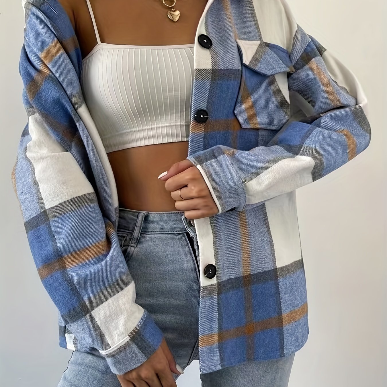 vlovelaw Plaid Print Shacket Jacket, Casual Button Front Long Sleeve Outerwear, Women's Clothing