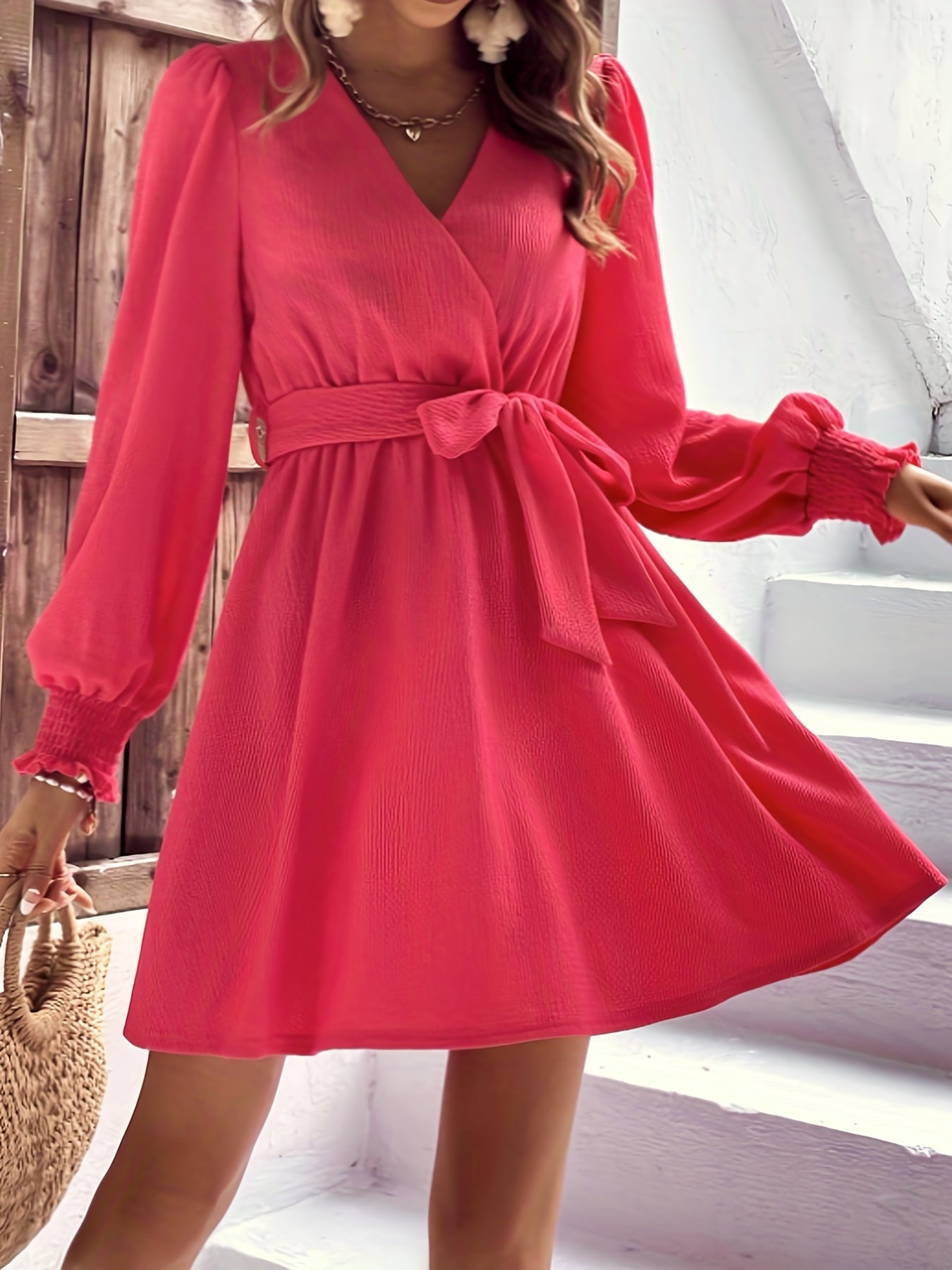 Shirred Surplice Neck Dress, Casual Long Sleeve Pleated Dress, Women's Clothing